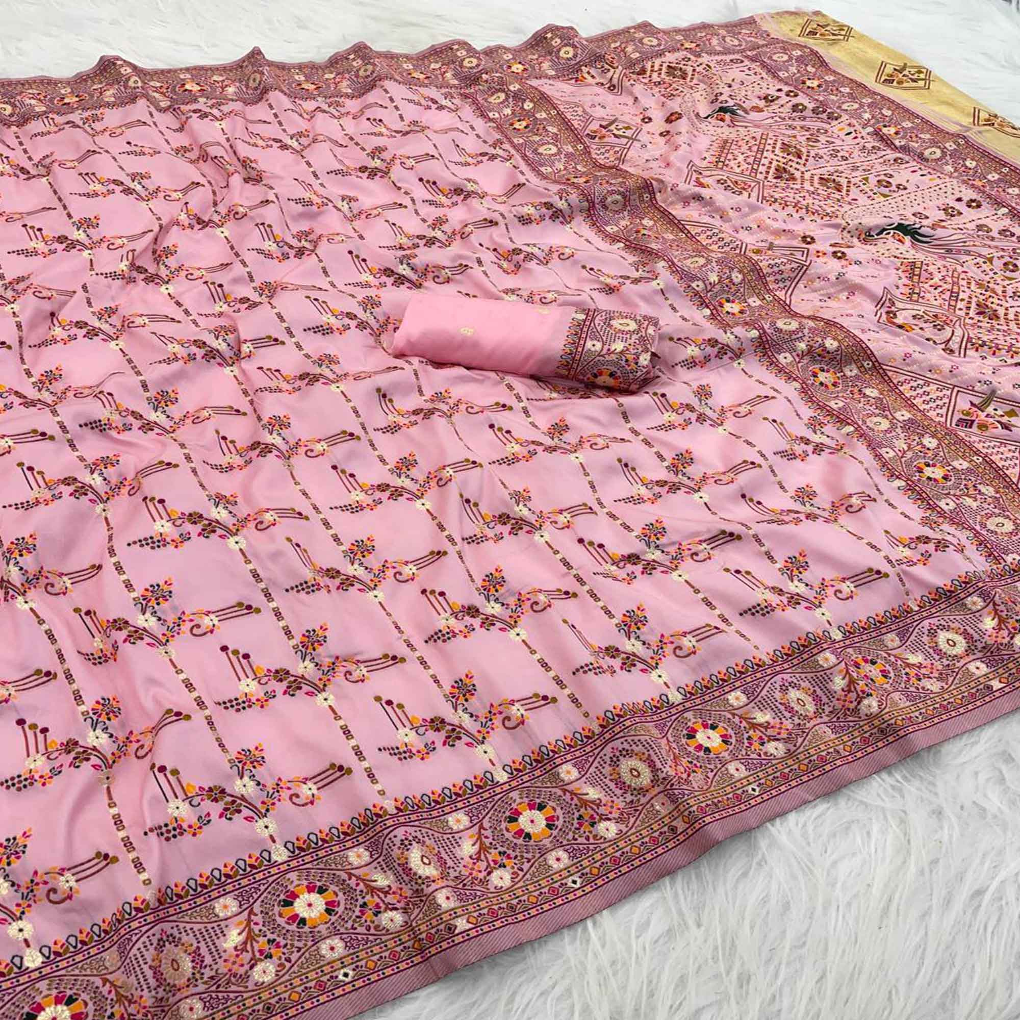 Pink Pashmina Silk Saree Featuring Rajwadi Traditional Weaving with a Kashmiri Pallu