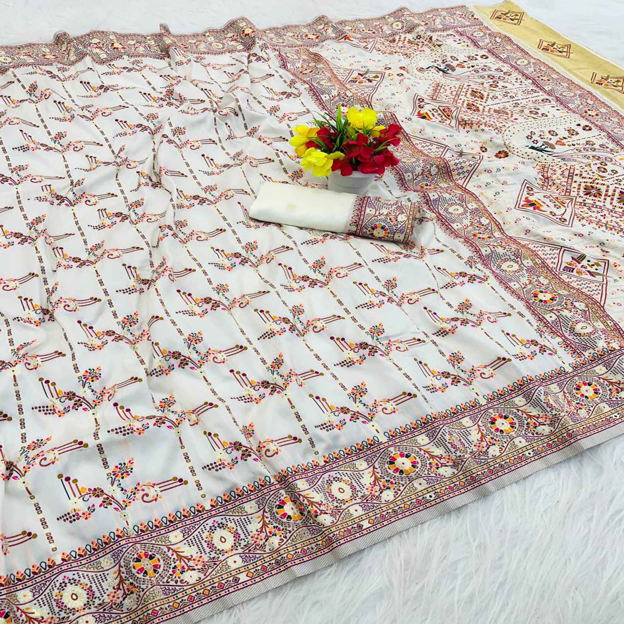 White Pashmina Silk Saree Featuring Rajwadi Traditional Weaving with a Kashmiri Pallu