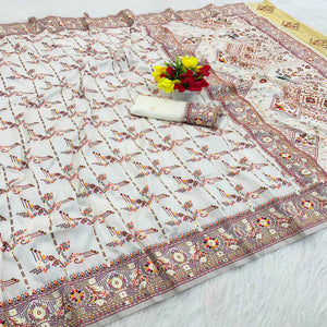 White Pashmina Silk Saree Featuring Rajwadi Traditional Weaving with a Kashmiri Pallu