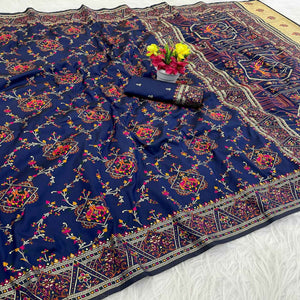 Blue Traditional Rajwadi Weaving Pashmina Silk Saree With Kashmiri Pallu & Elegant Zari Border