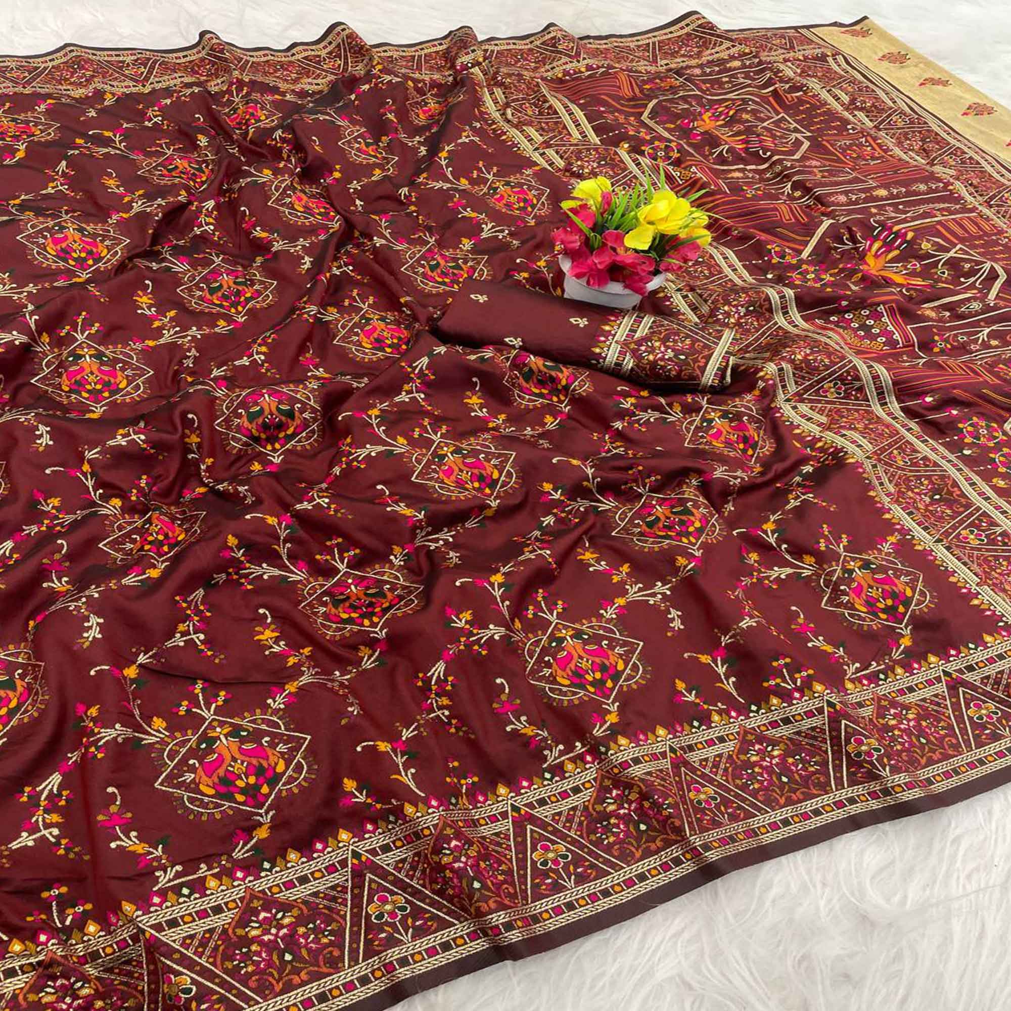 Brown Traditional Rajwadi Weaving Pashmina Silk Saree With Kashmiri Pallu & Elegant Zari Border