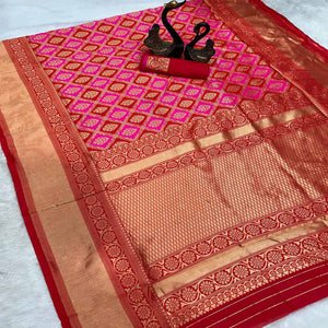 Rani Pink Floral Woven Lichi Banarasi Silk Saree