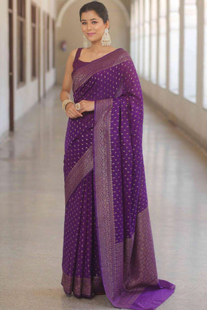 Violet  Floral Woven Lichi Banarasi Silk Saree