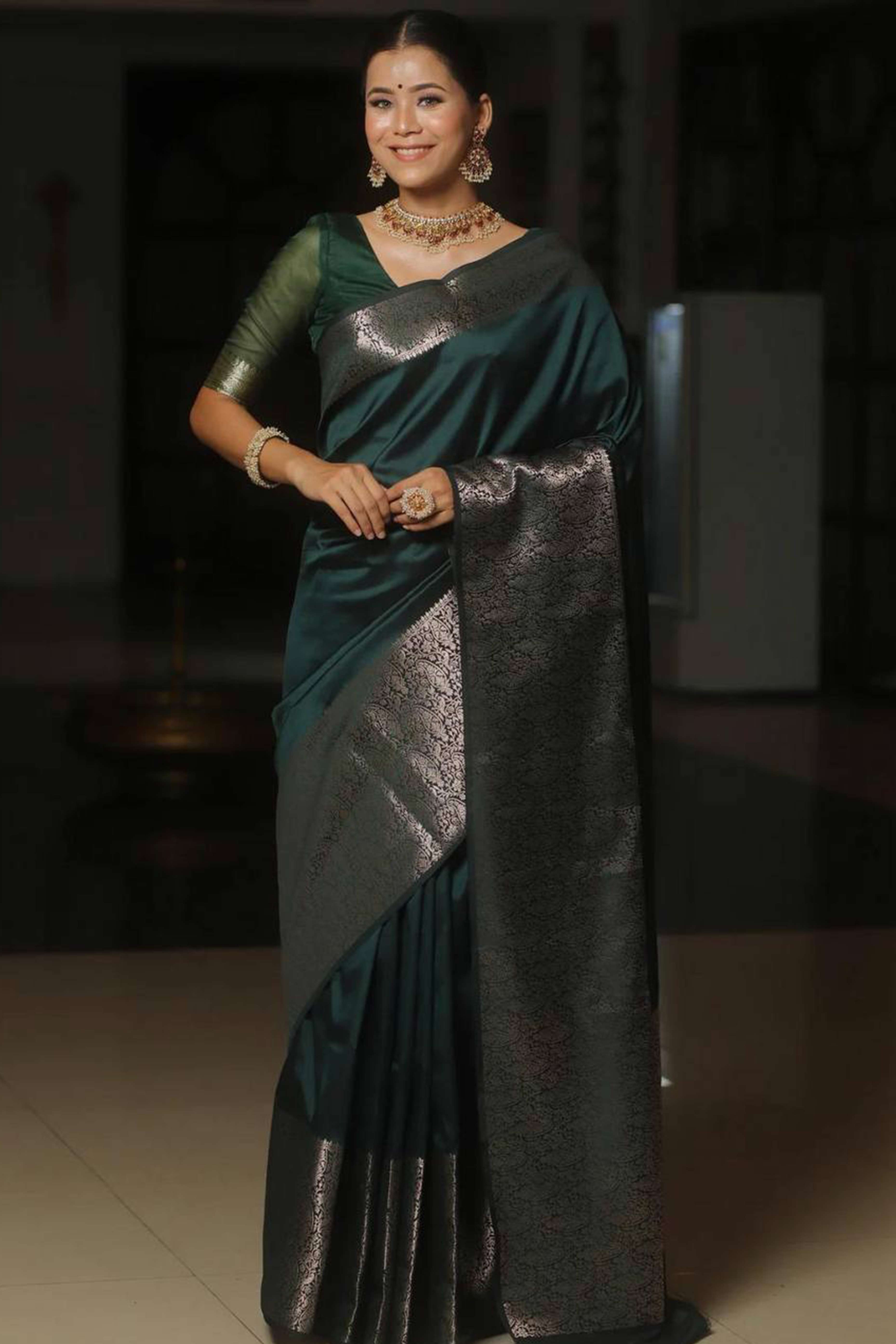 Green Floral Woven Border Lichi Banarasi Silk Saree