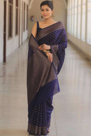 Navy Blue Floral Woven Lichi Banarasi Silk Saree