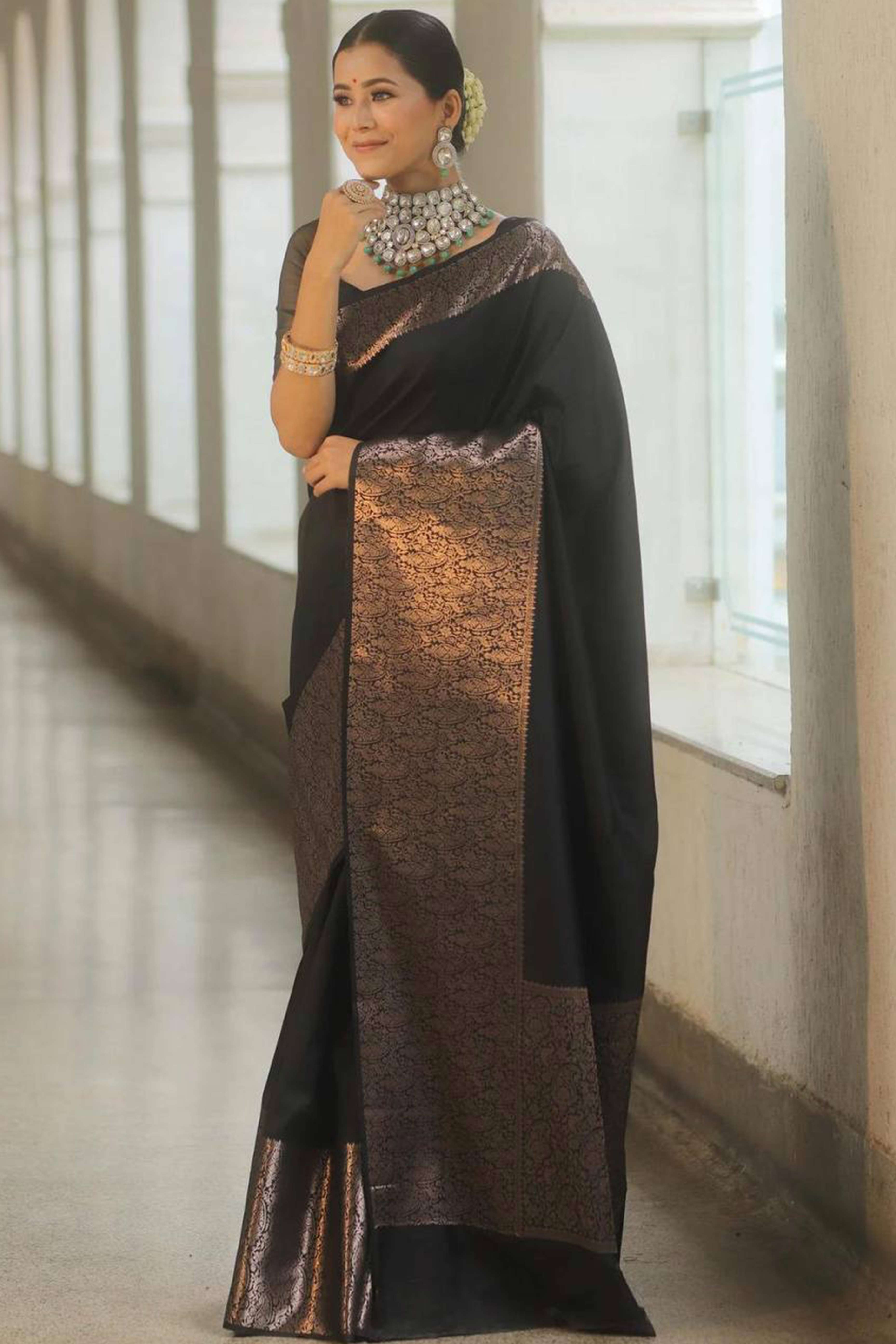 Black Floral Woven Border Lichi Banarasi Silk Saree