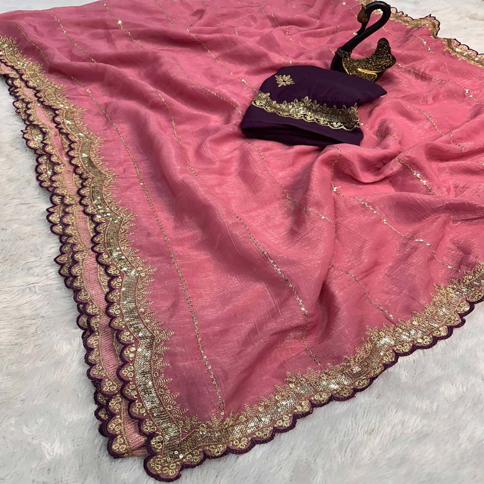 Gajari Pink Sequins Embroidered Tussar silk Saree
