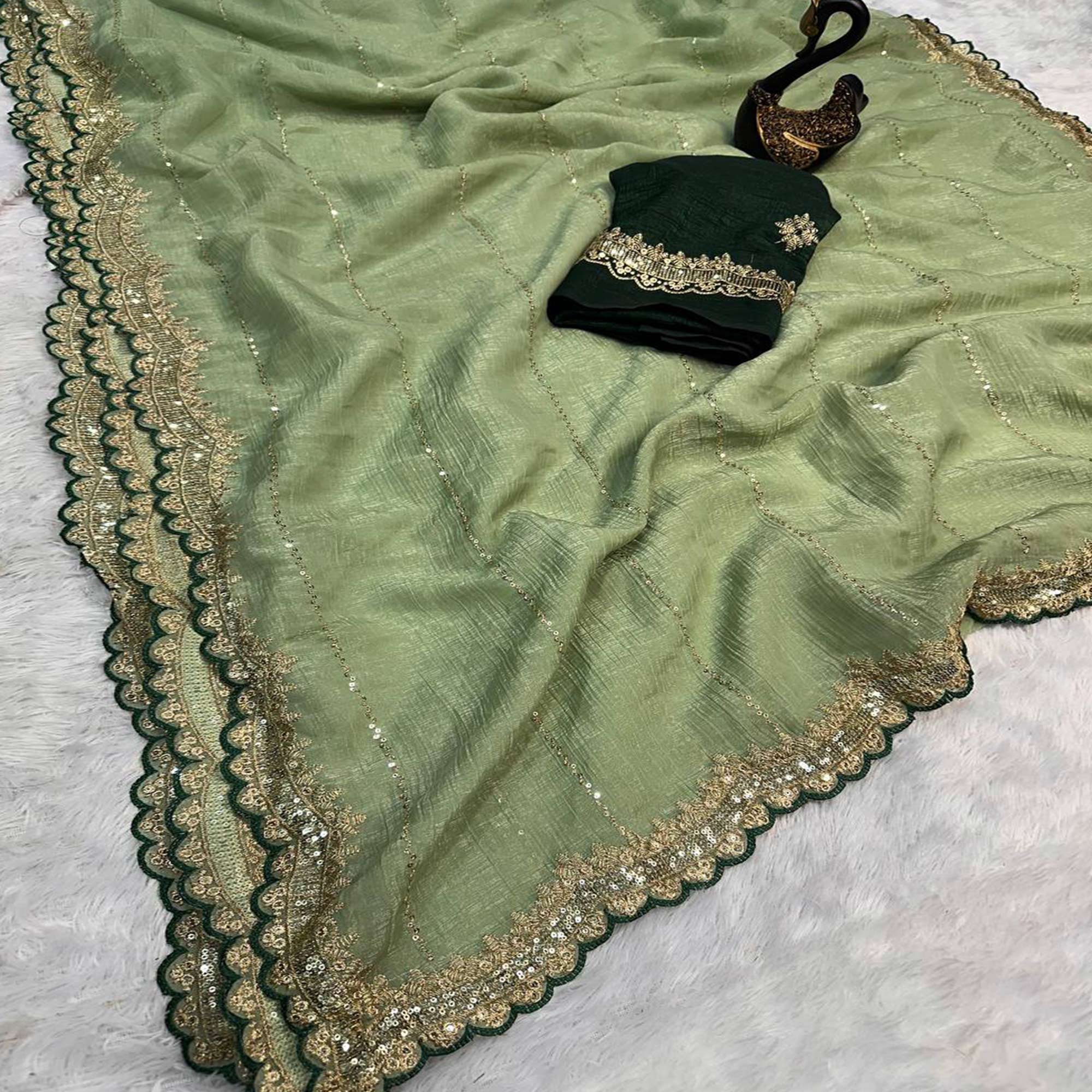 Green Sequins Embroidered Tussar silk Saree