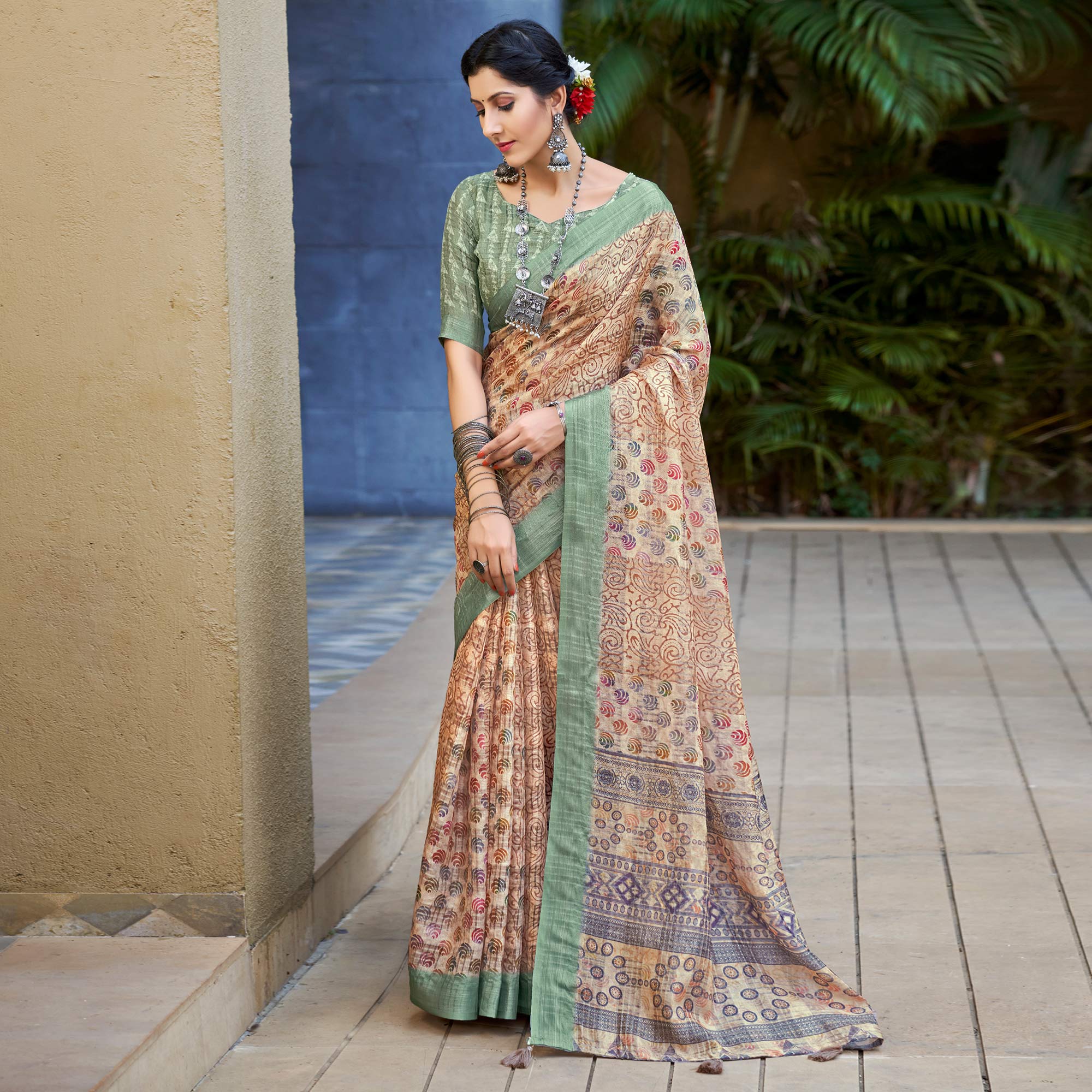 Beige Abstract Digital Printed Linen Saree