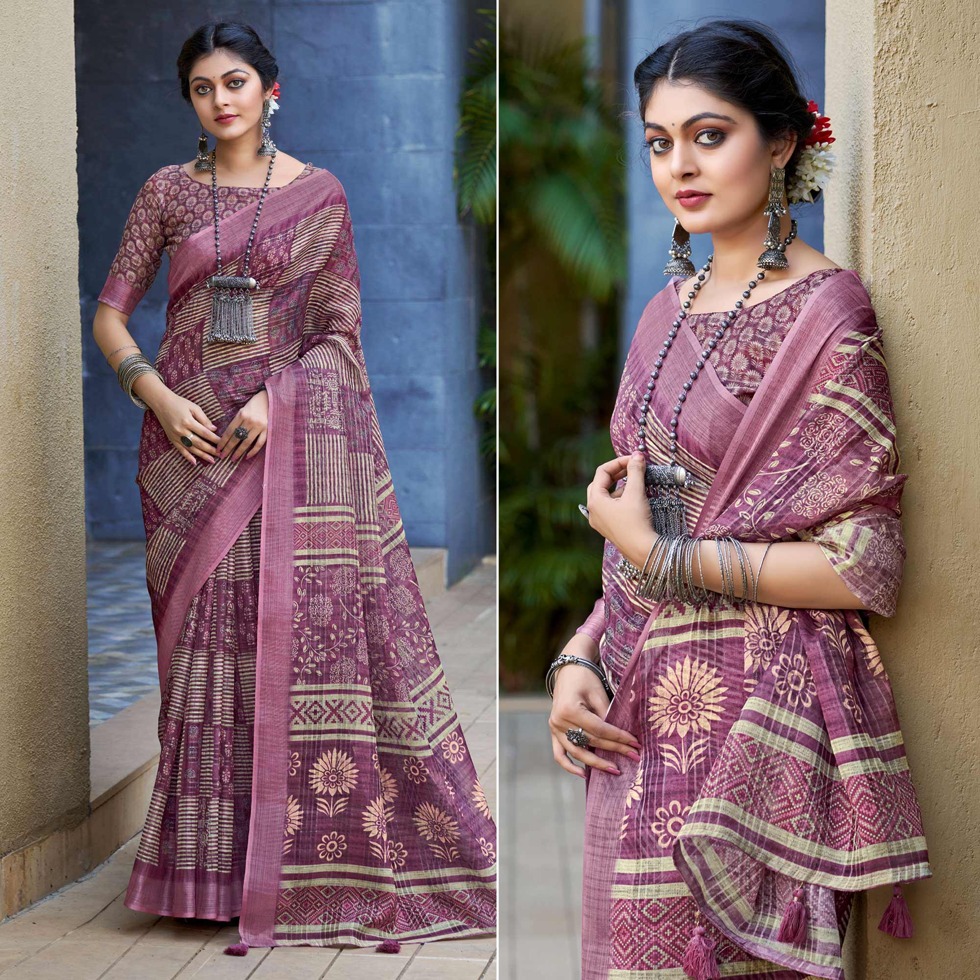 Purple Abstract Digital Printed Linen Saree