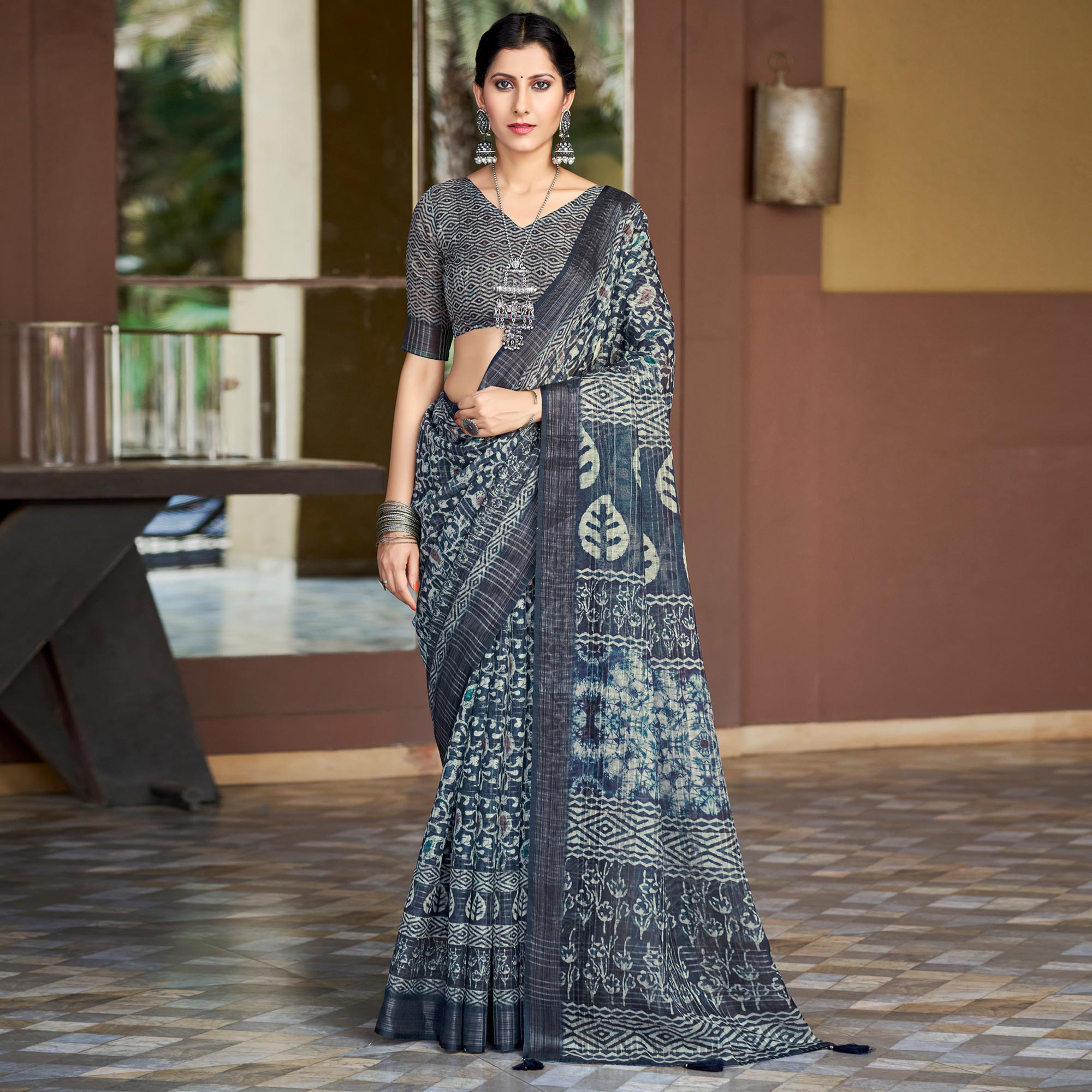 Slate Grey Abstract Digital Printed Linen Saree