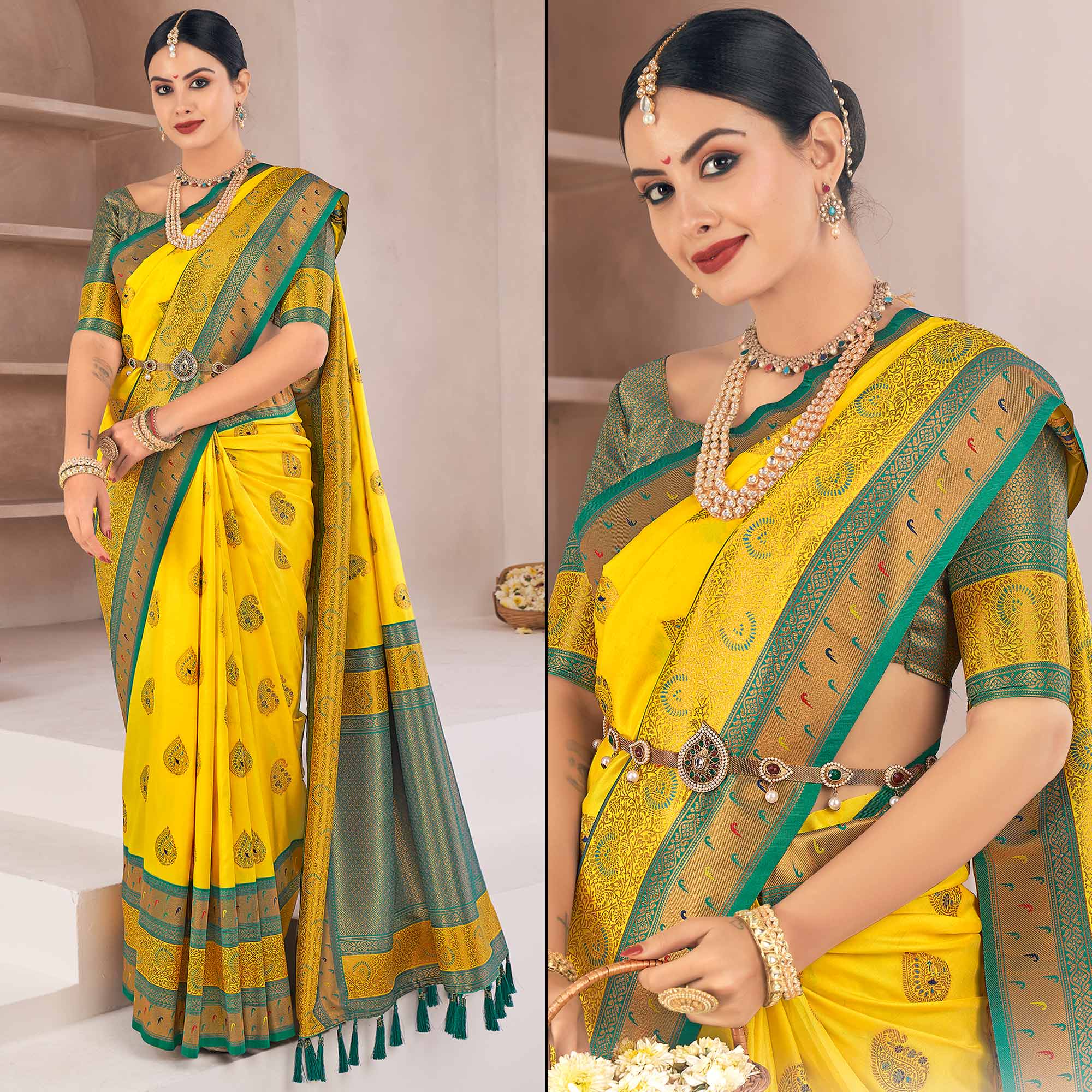 Yellow Woven Pure Silk Saree With Tassels