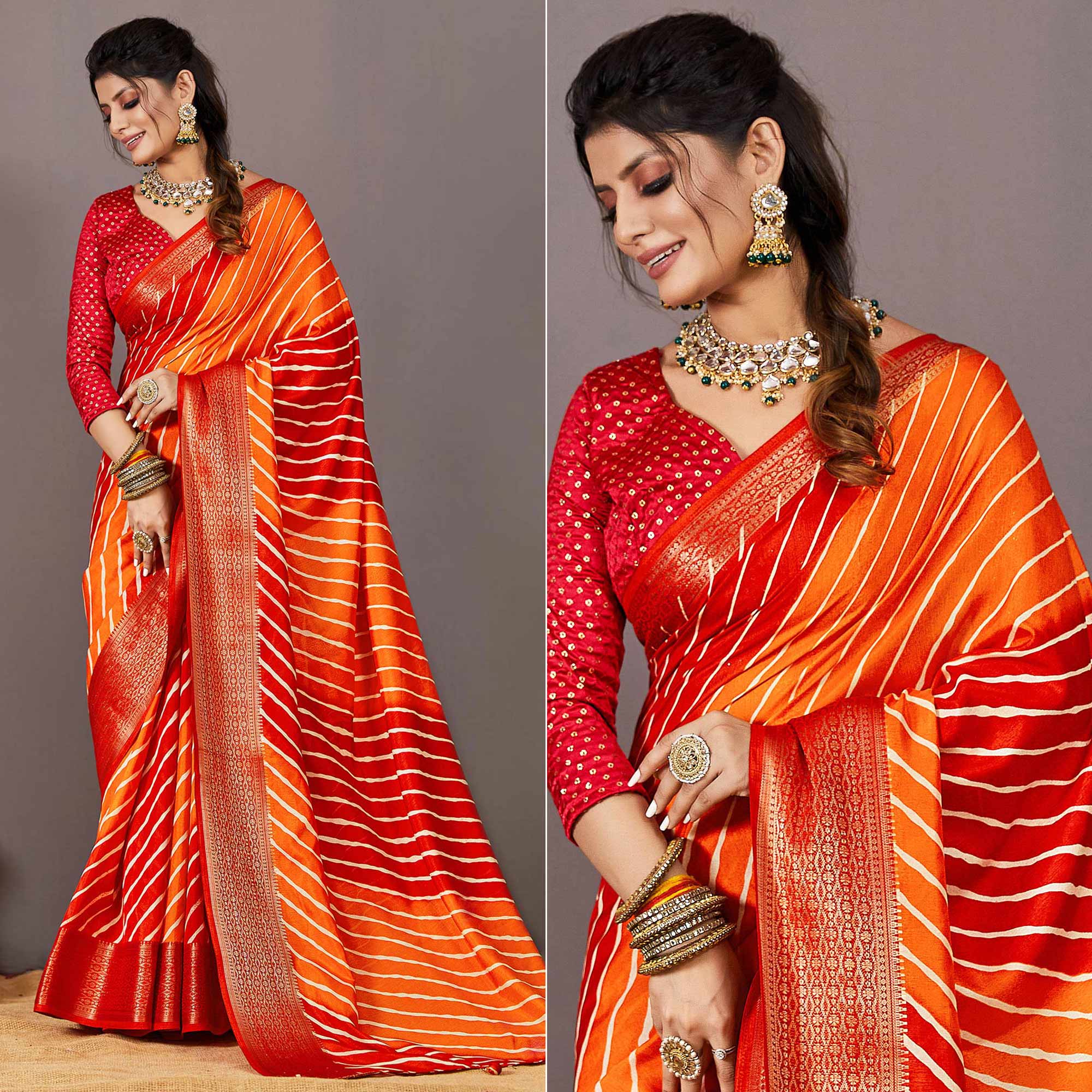 Red & Orange Printed Dola Silk Saree With Zari Border