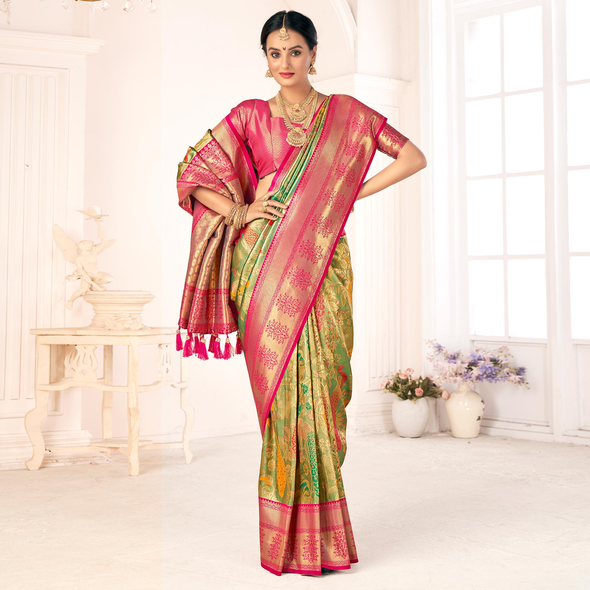 Green Woven Pure Silk Saree With Tassels