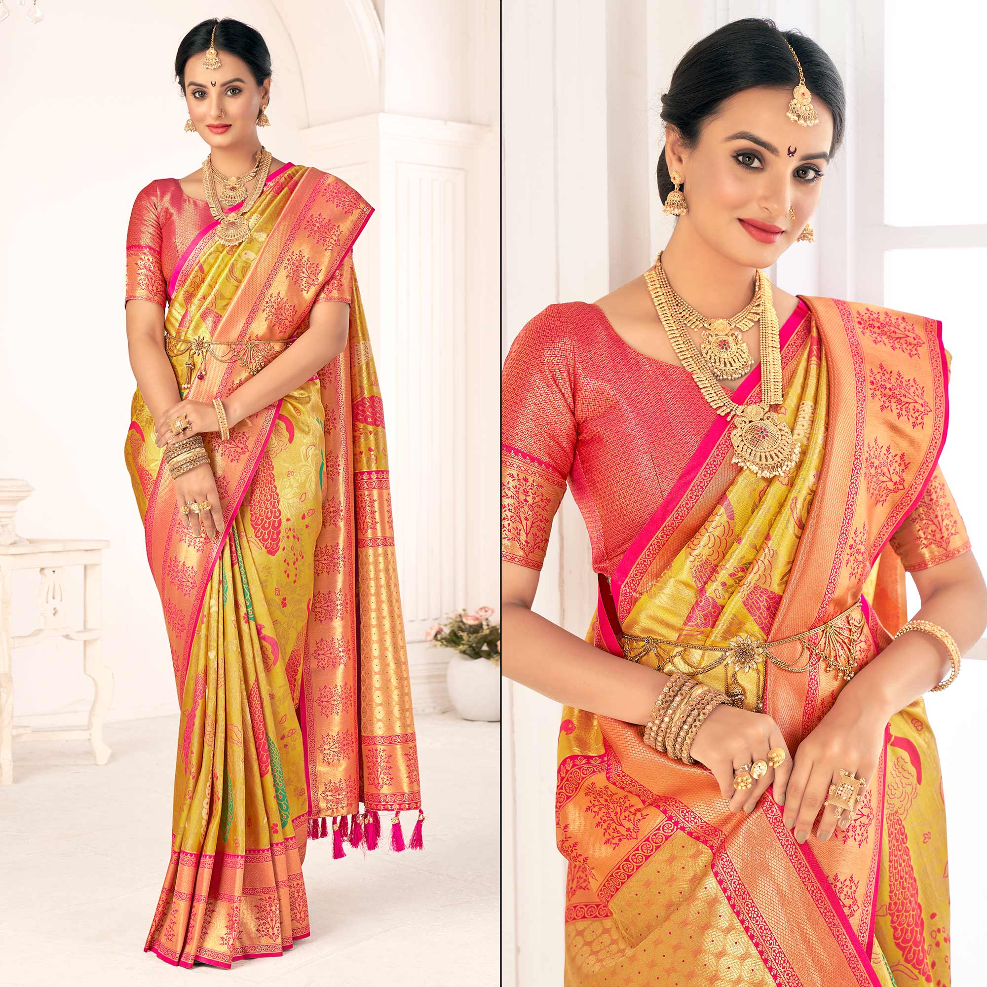 Yellow Woven Pure Silk Saree With  Tassels