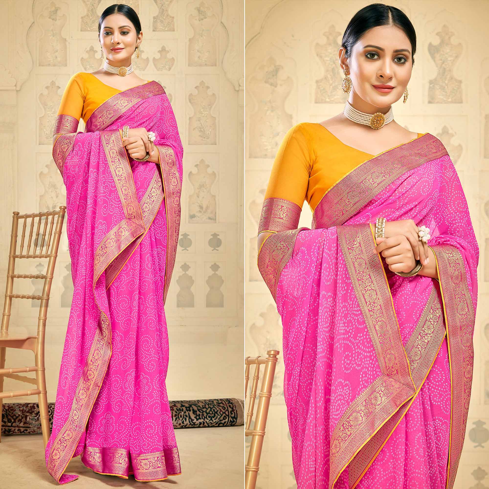 Pink Bandhani Printed Georgette Saree