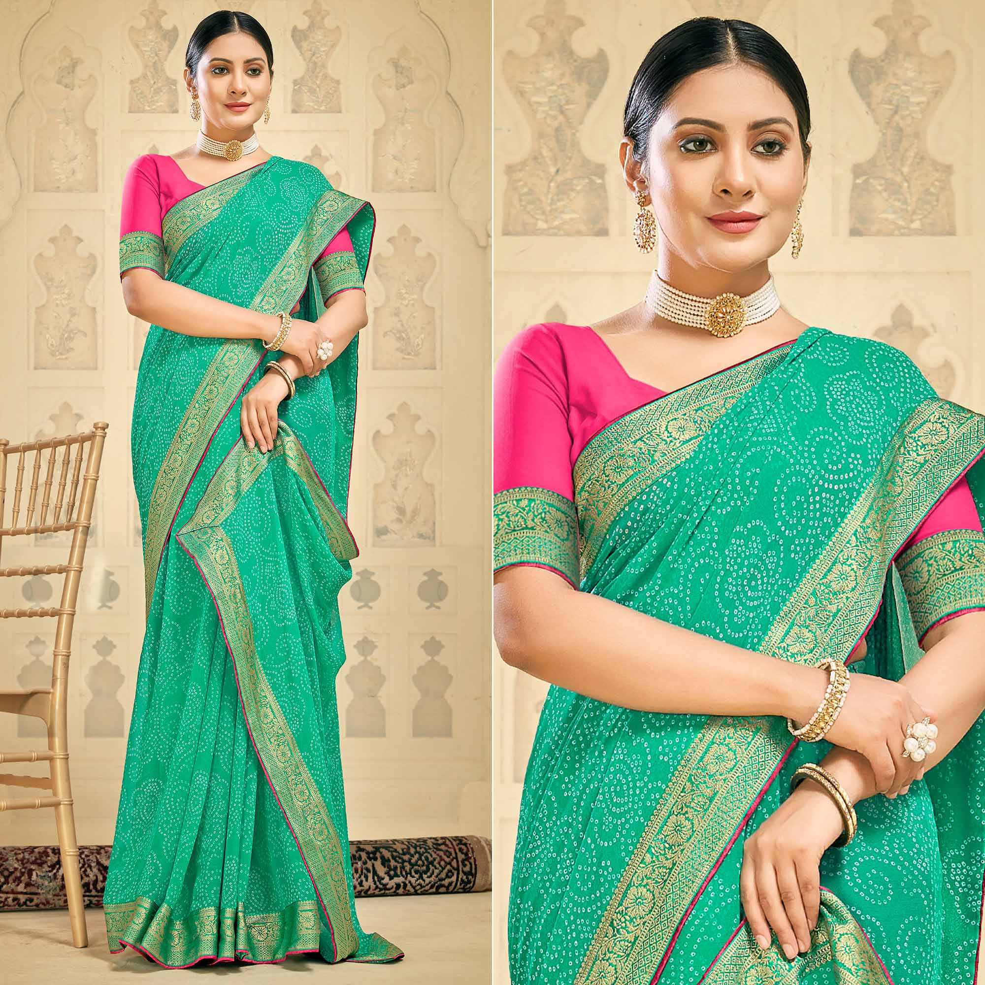 Green Bandhani Printed Georgette Saree