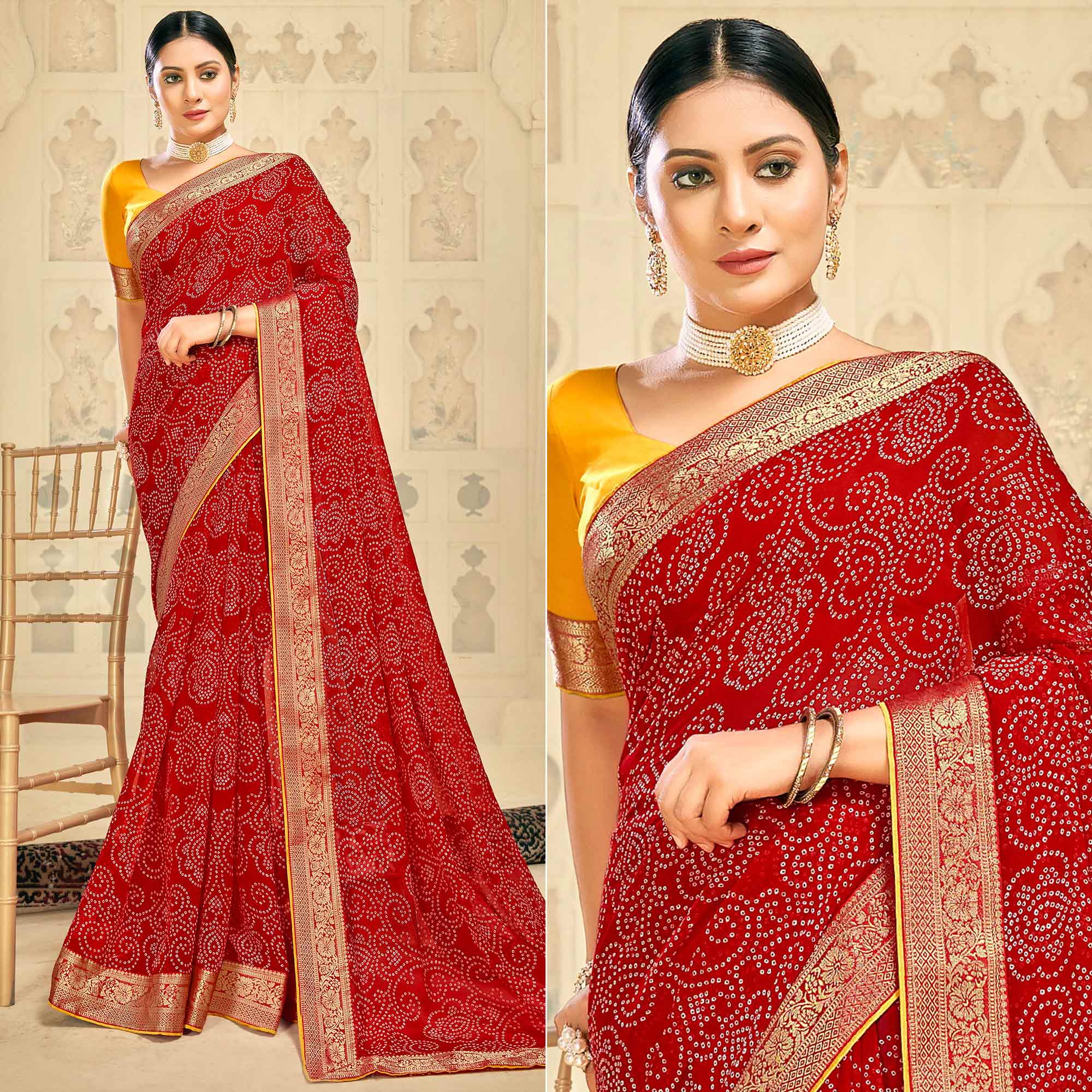 Red Bandhani Printed Georgette Saree