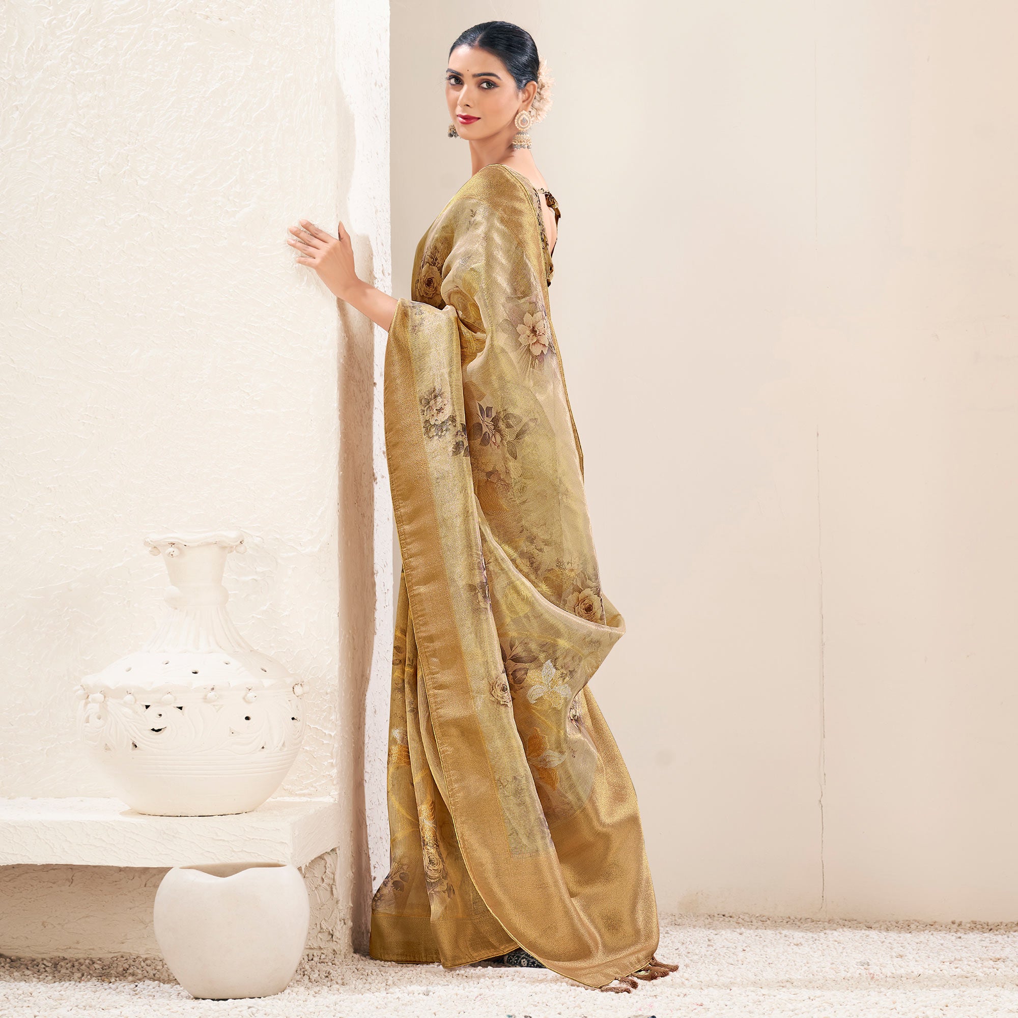 Chikoo Floral Digital Printed Tissue Silk Saree With Tassels