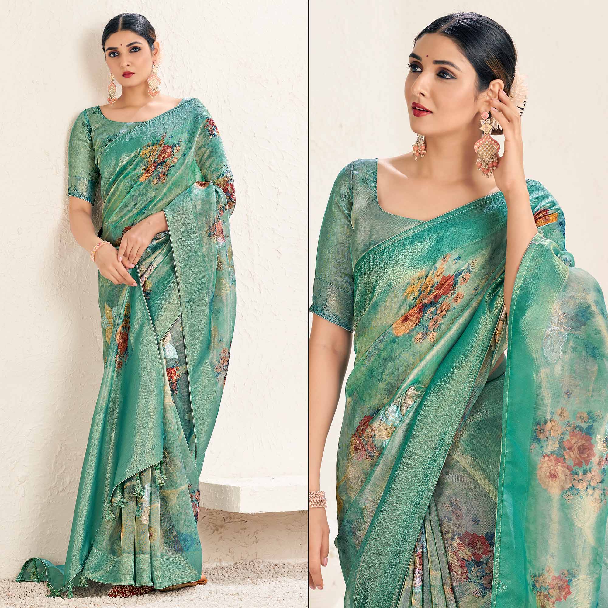 Sea Green Floral Digital Printed Tissue Saree With Tassels