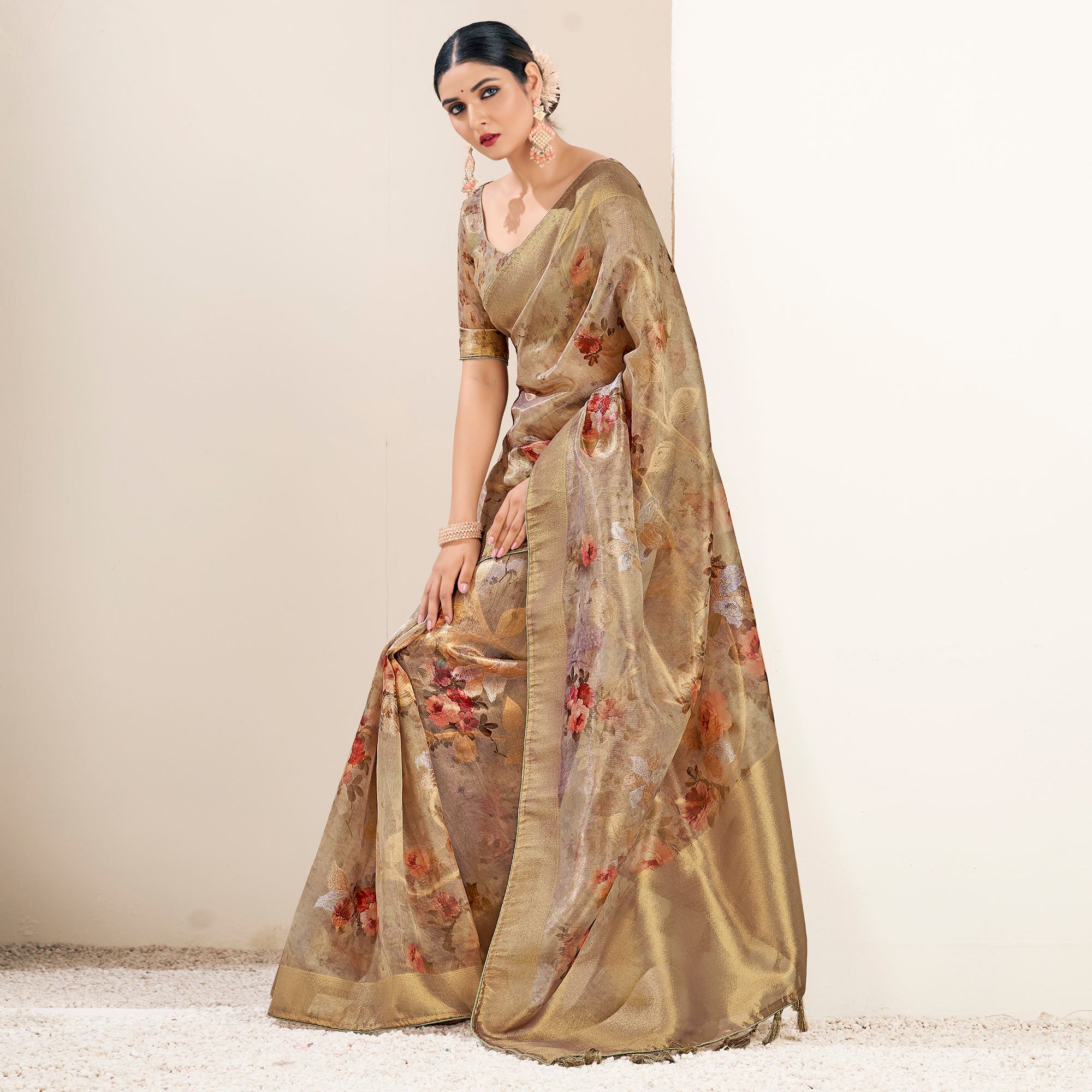 Light Brown Floral Digital Printed Tissue Saree With Tassels