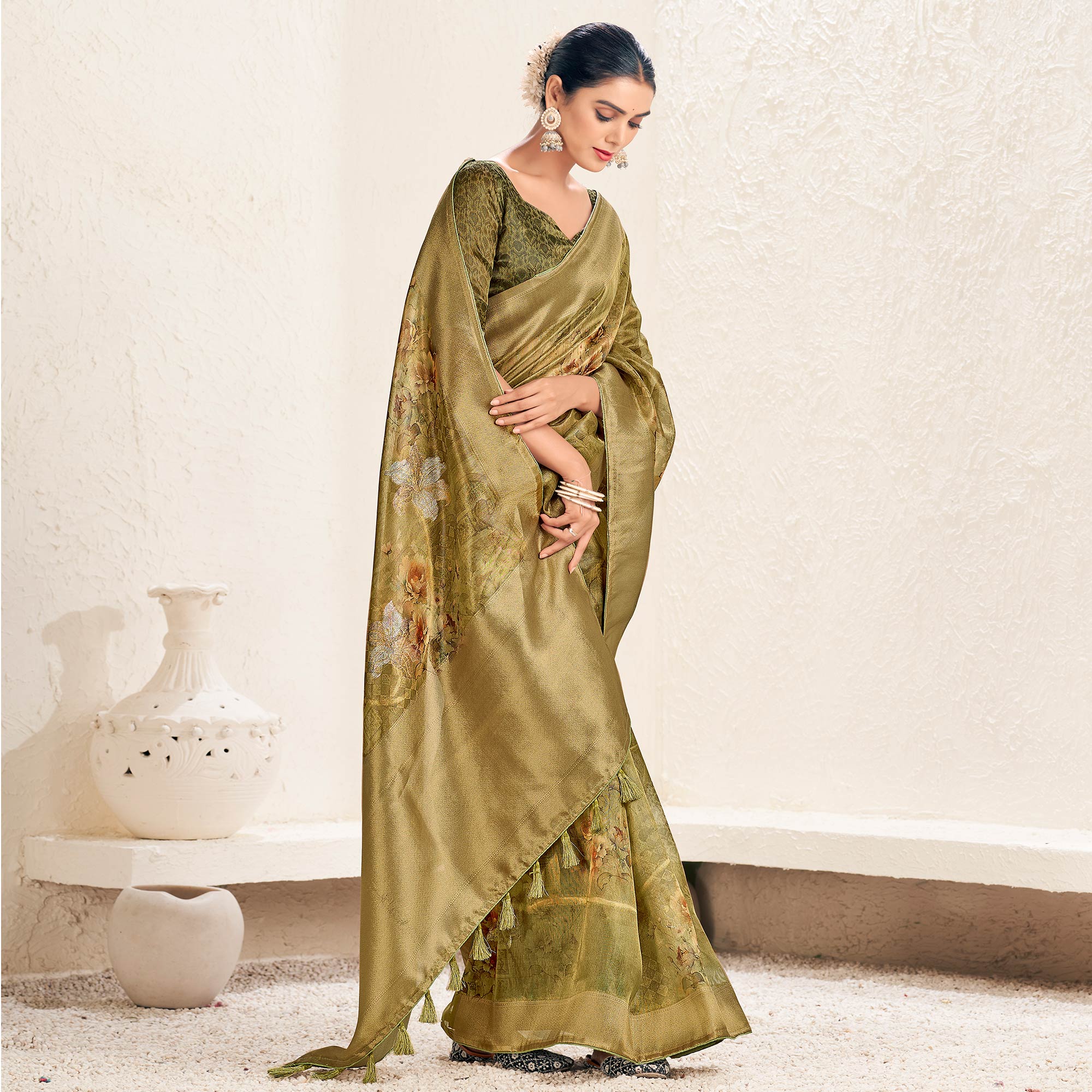 Mehandi Green Floral Digital Printed Tissue Saree With Tassels