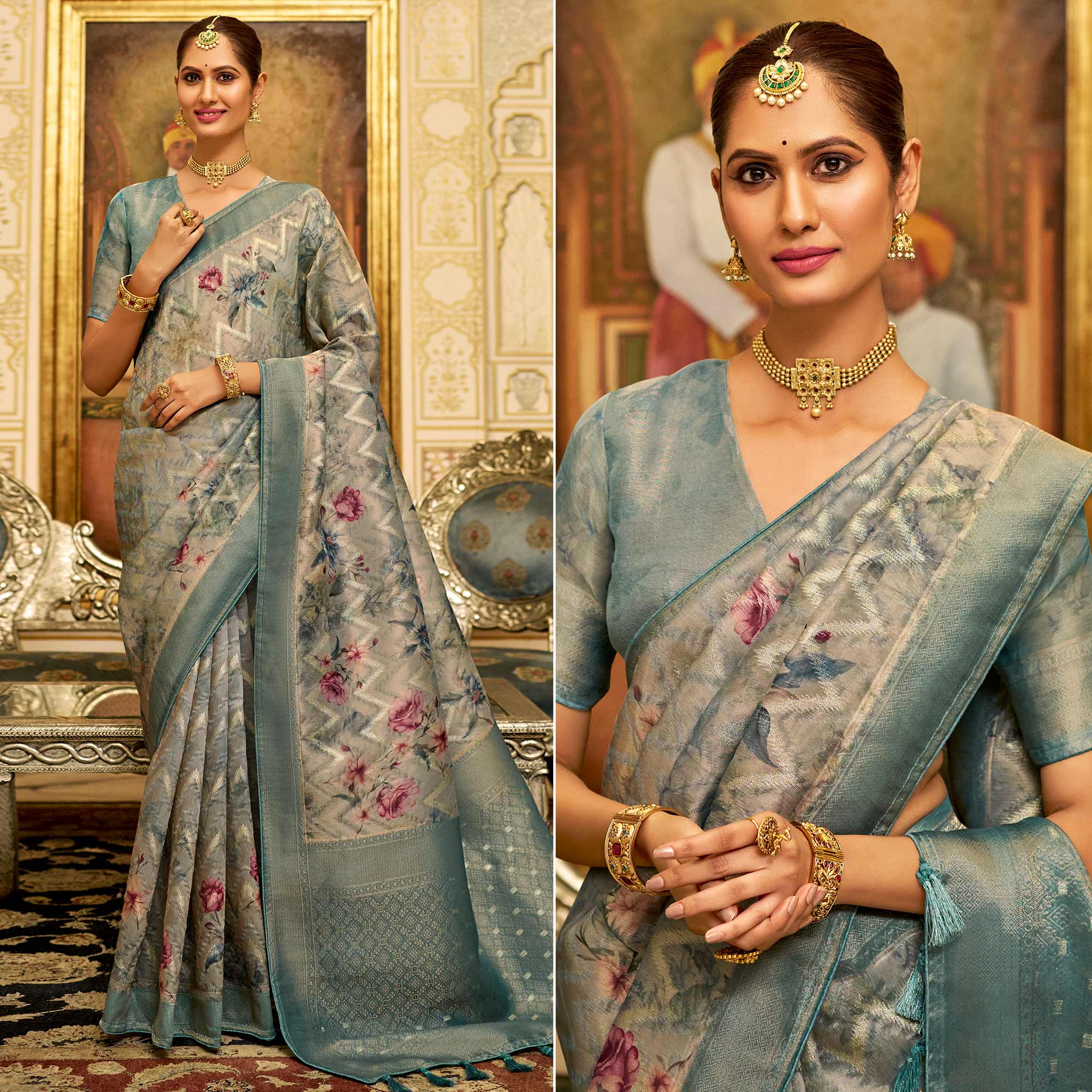 Blue Floral Digital Printed Tissue Saree With Tassels