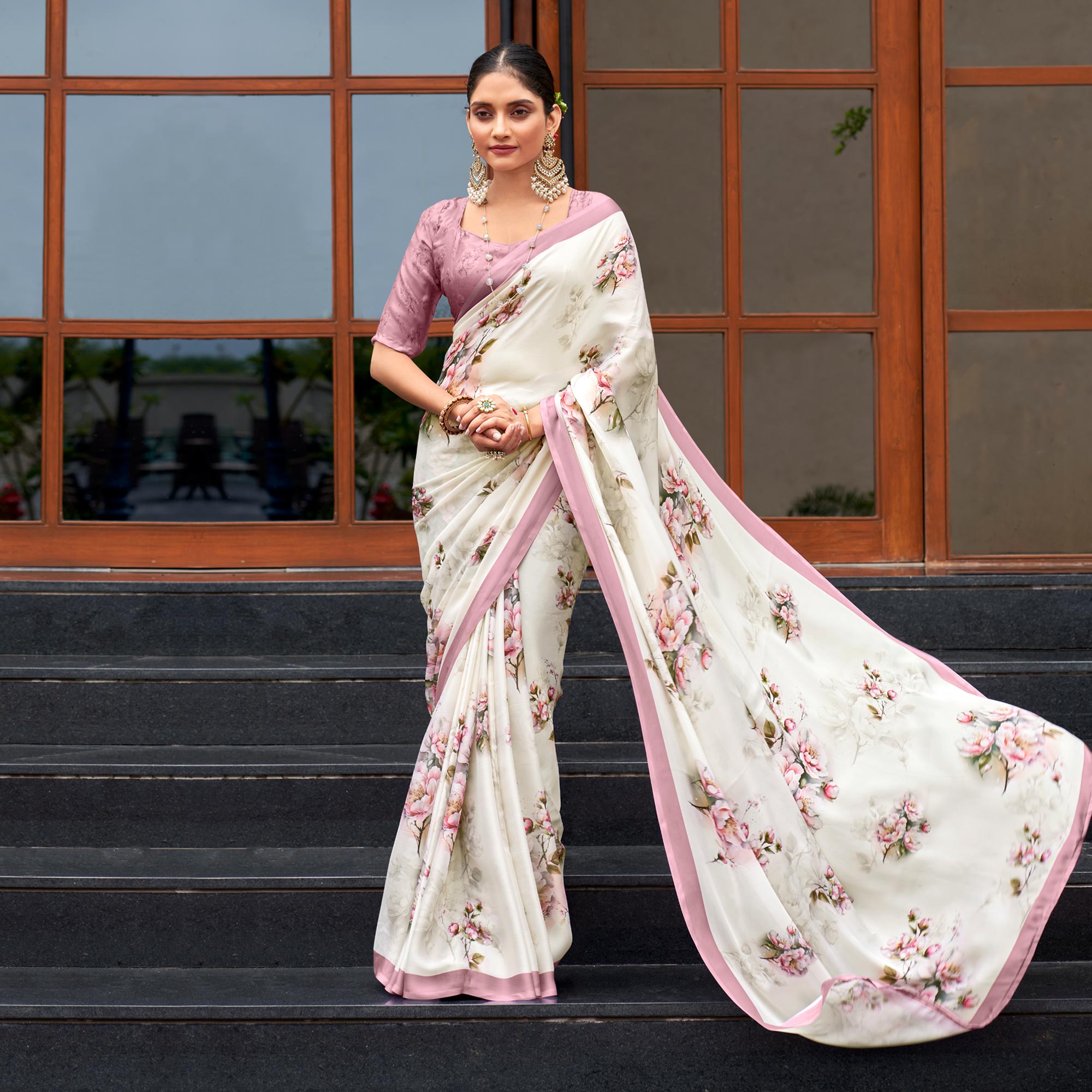 White Floral Digital Printed Satin Saree