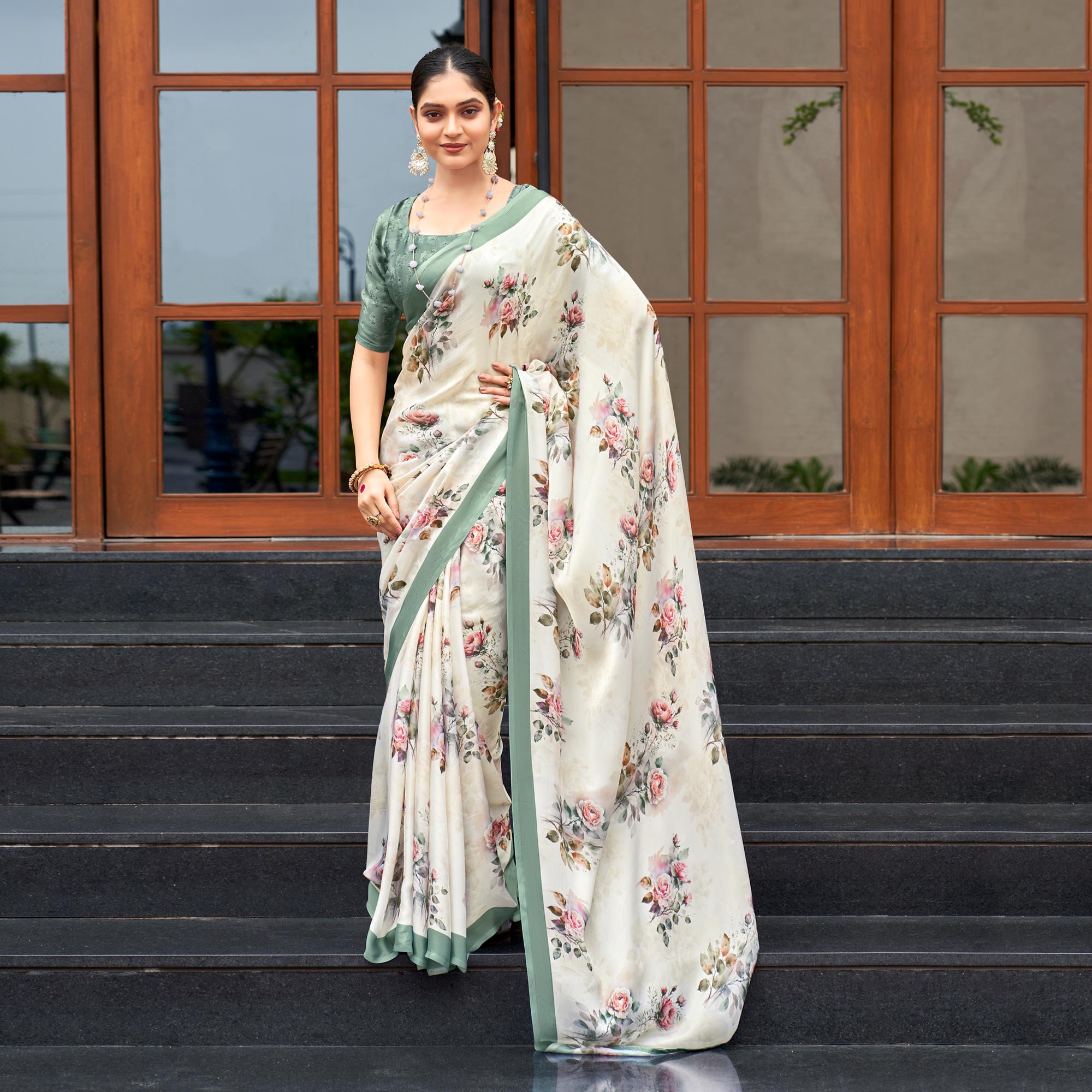 White Floral Digital Printed Satin Saree