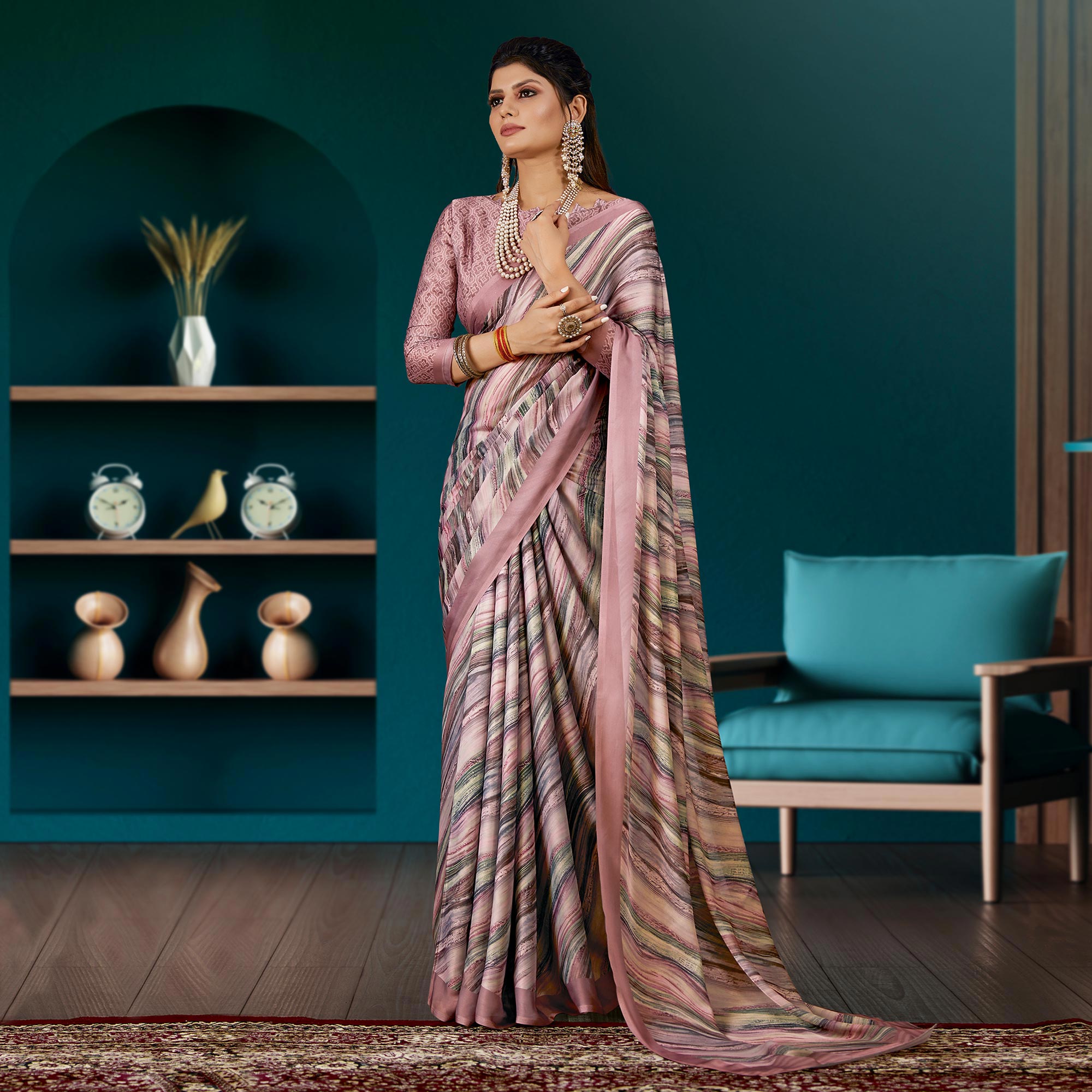 Dusty Pink Digital Printed Satin Saree