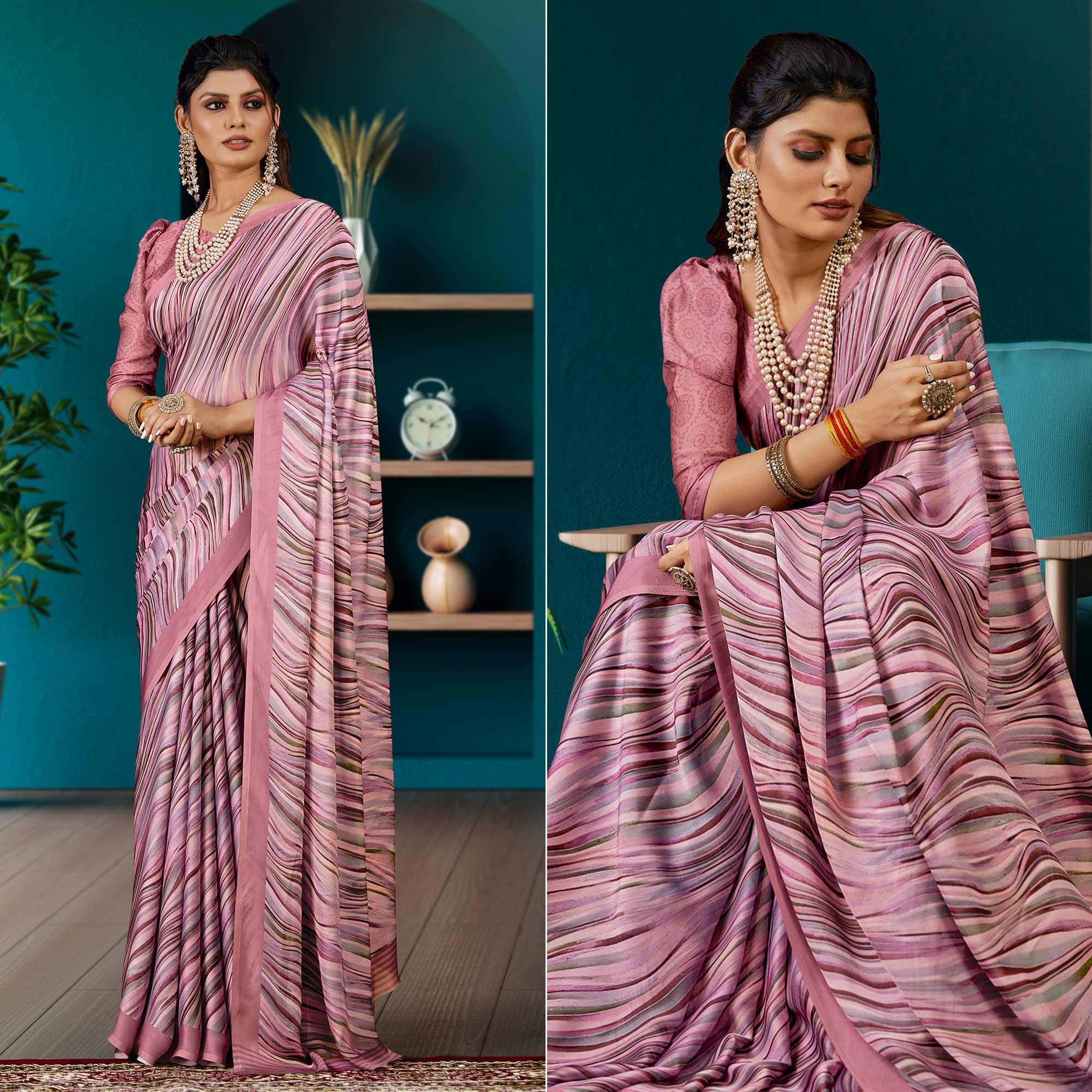 Mauve  Digital Printed Satin Saree