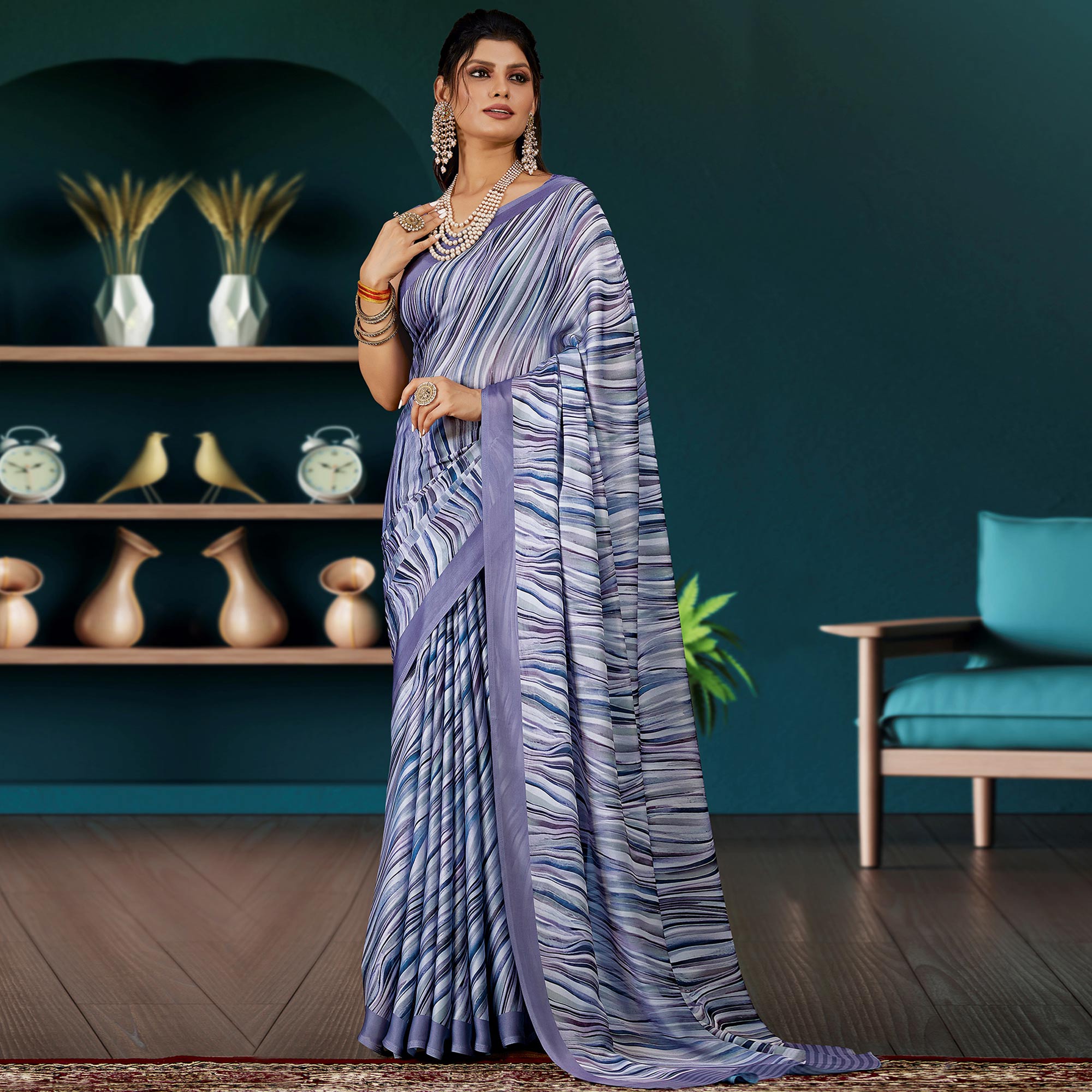 Light Purple Digital Printed Satin Saree