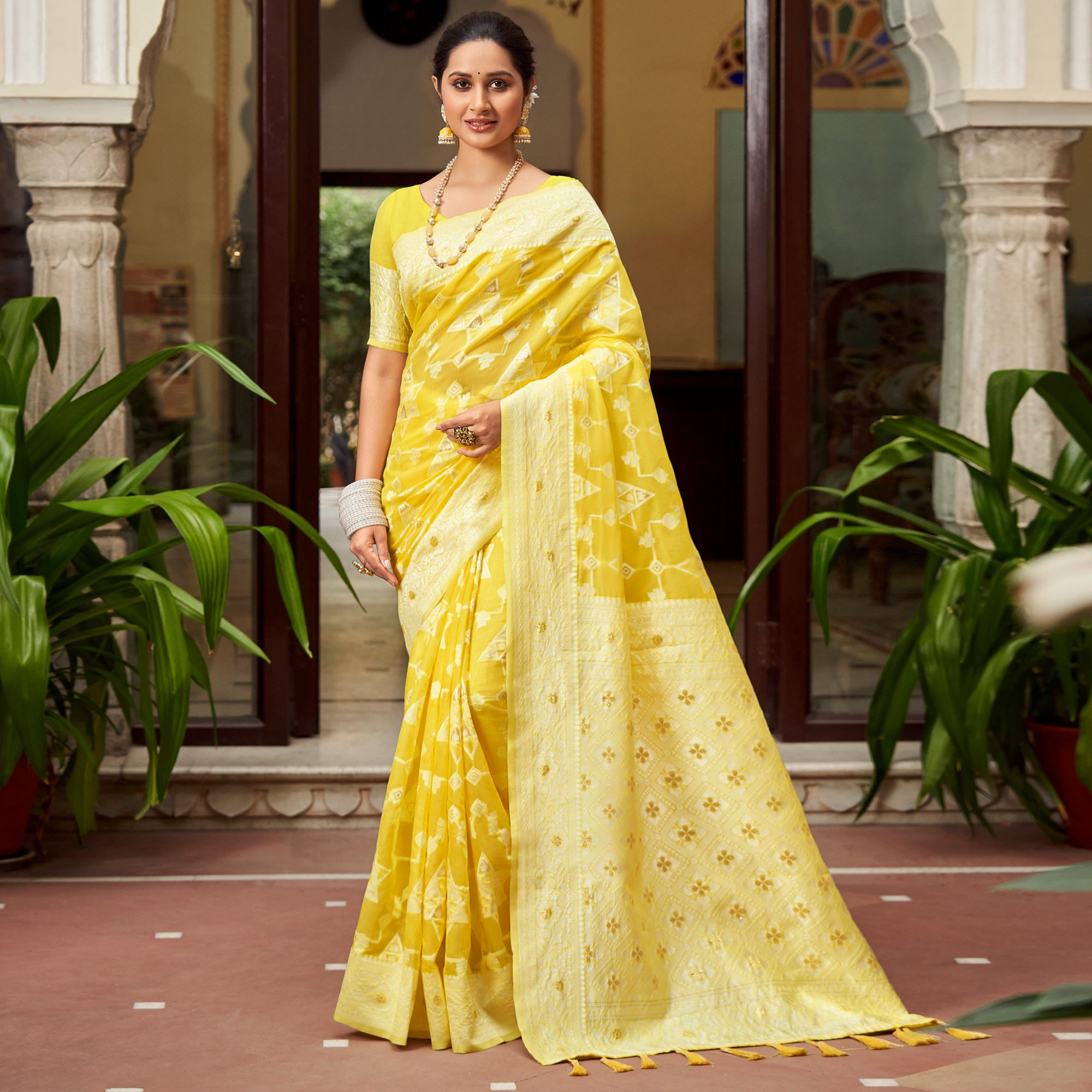 Yellow Woven Cotton Silk Saree With Tassels