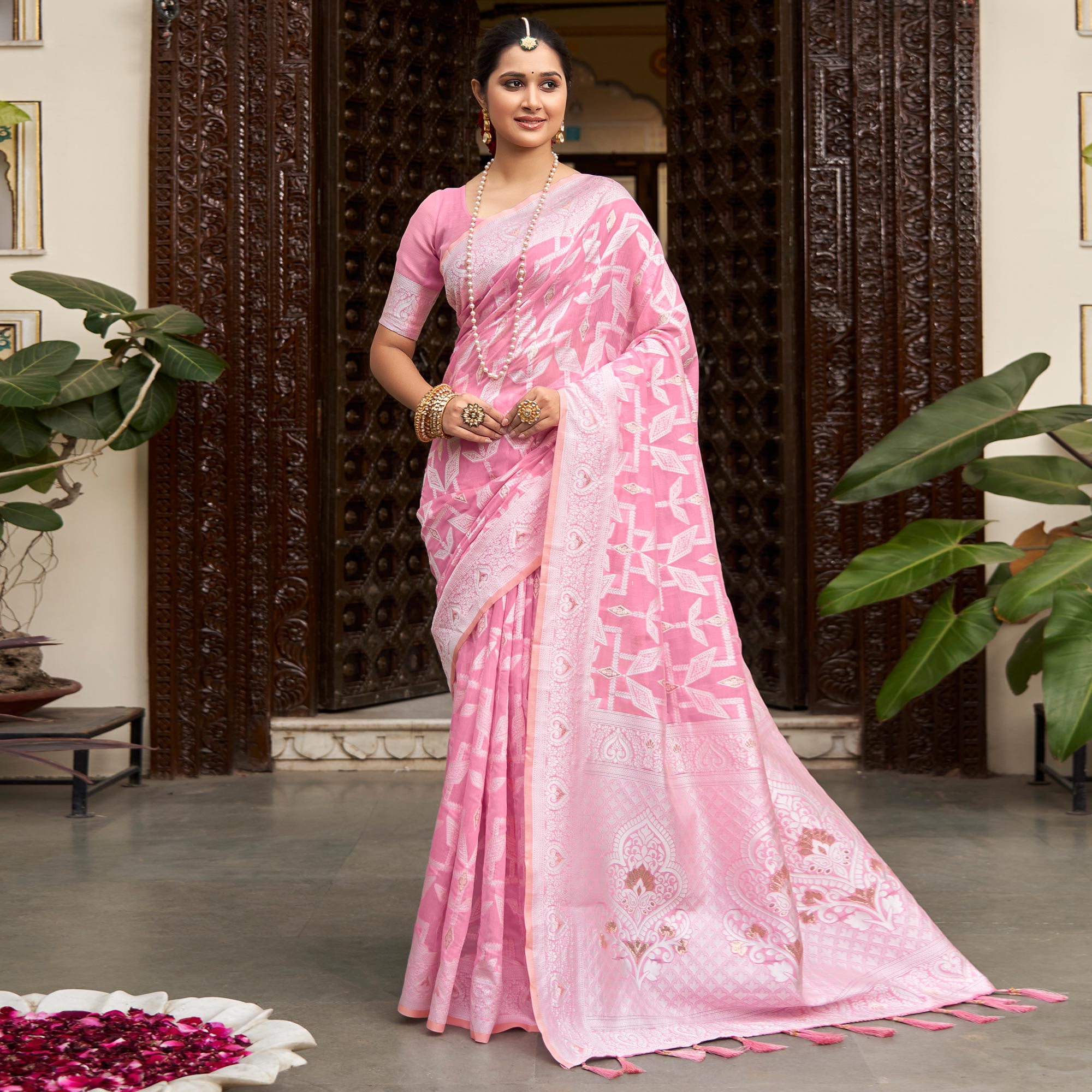 Pink Woven Cotton Silk Saree With Tassels