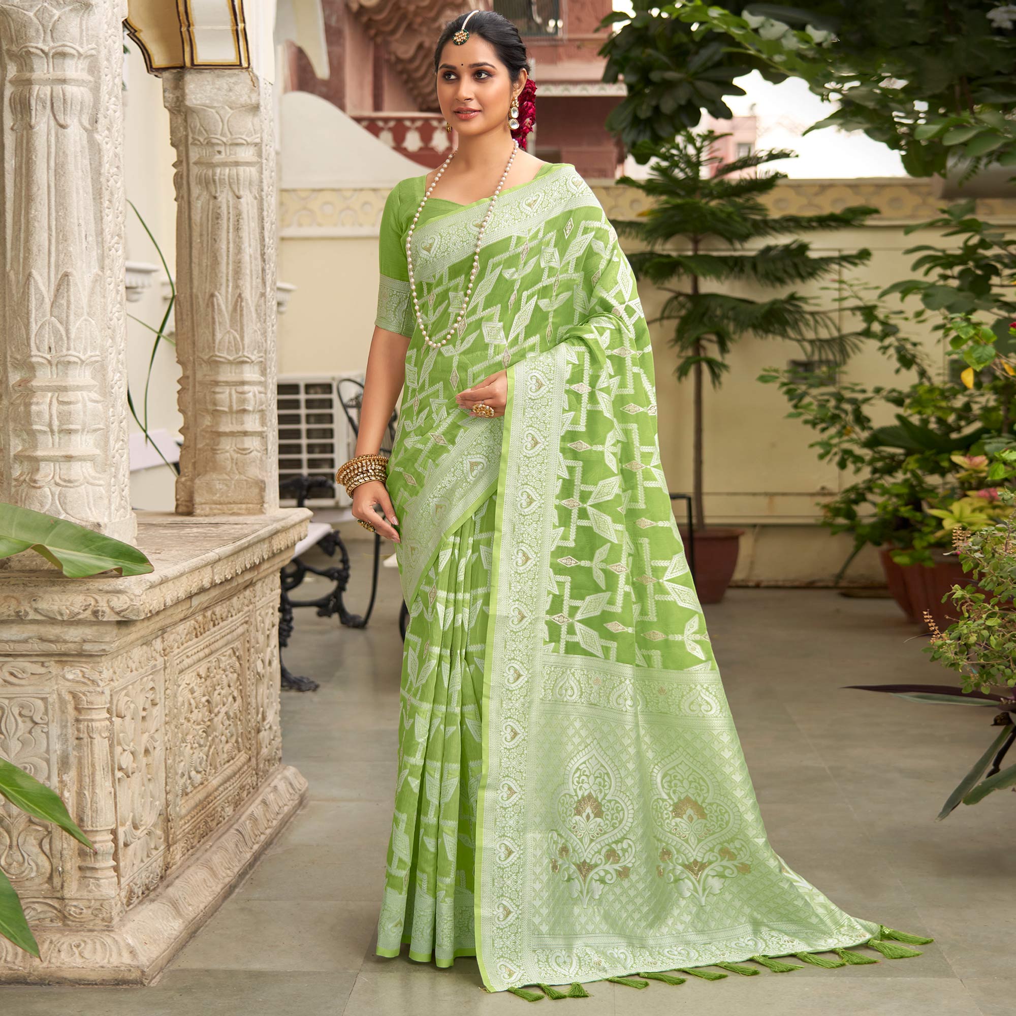 Green Woven Cotton Silk Saree With Tassels