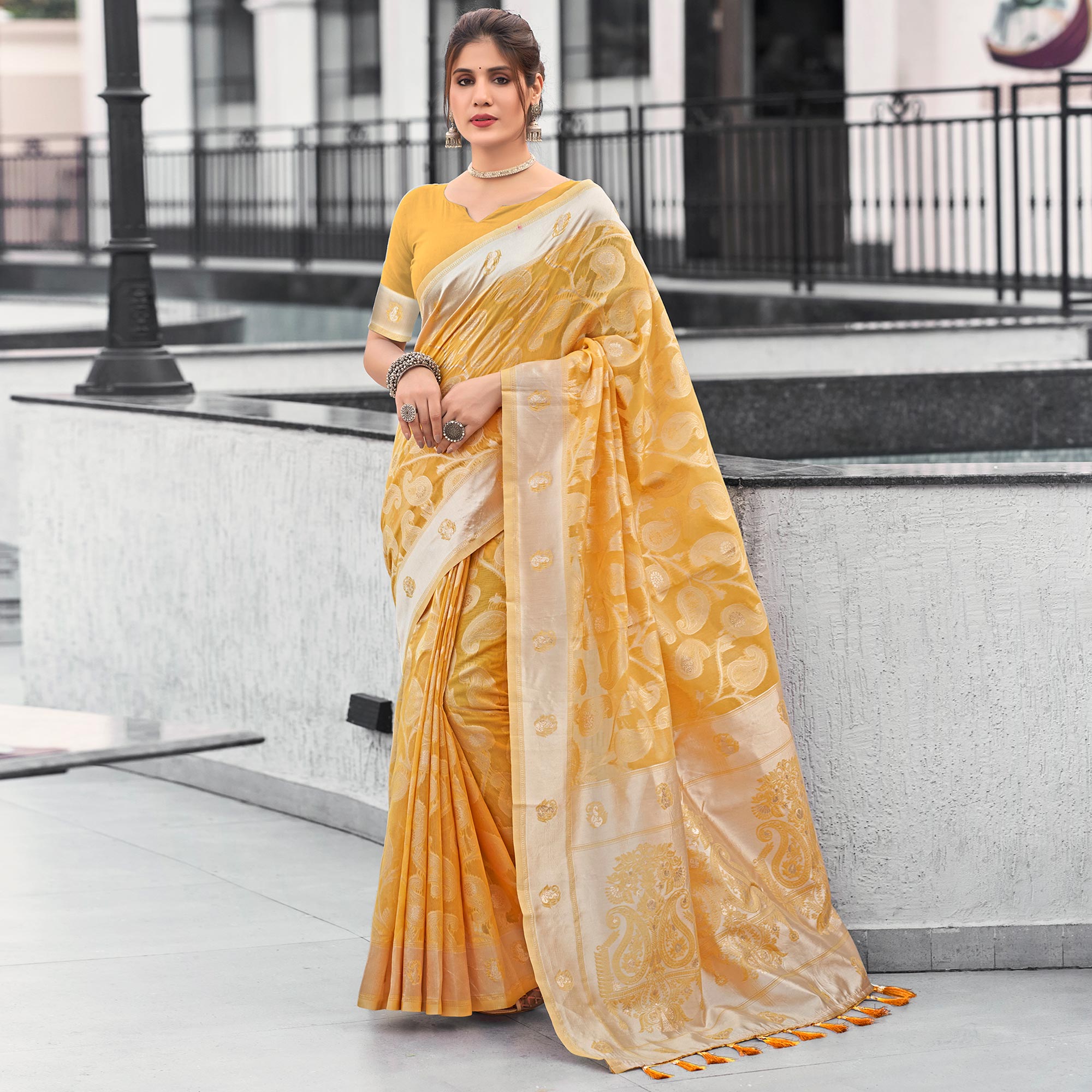 Yellow Woven Cotton Silk Saree With Tassels