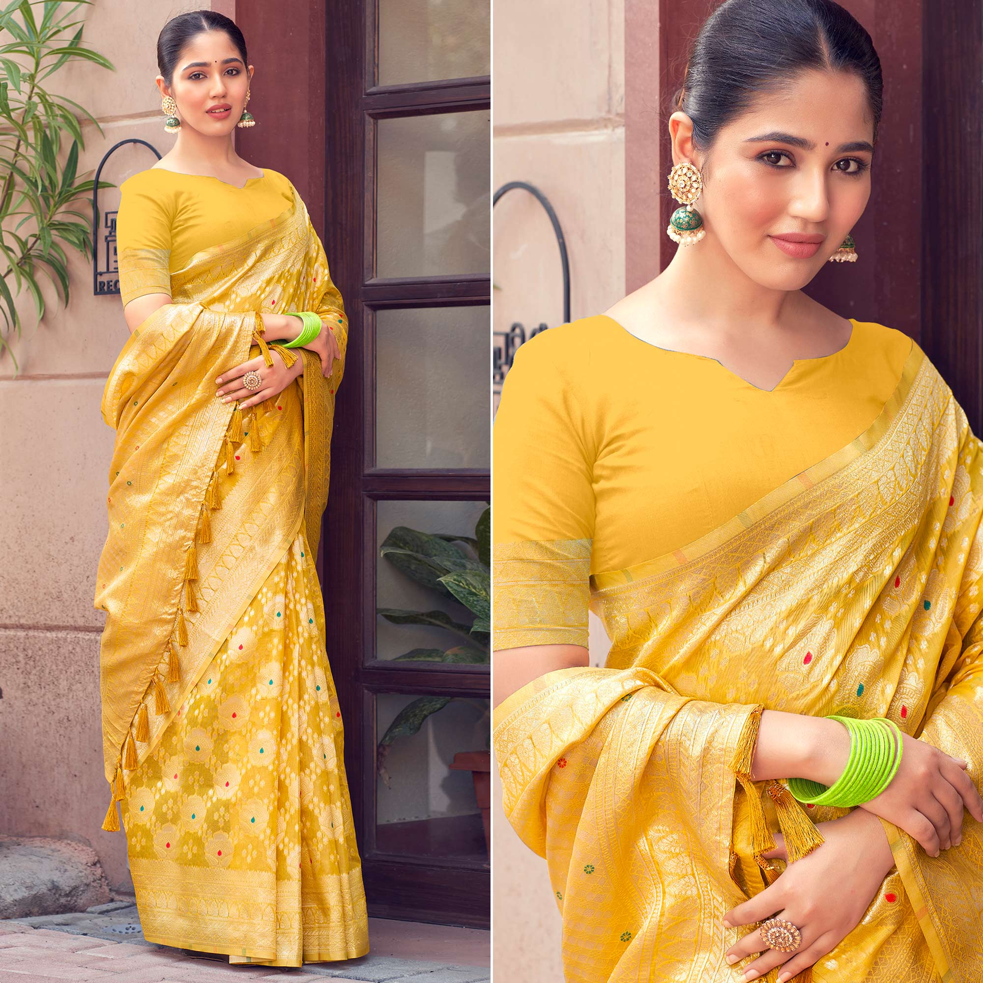 Yellow Woven Cotton Silk Saree With Tassels