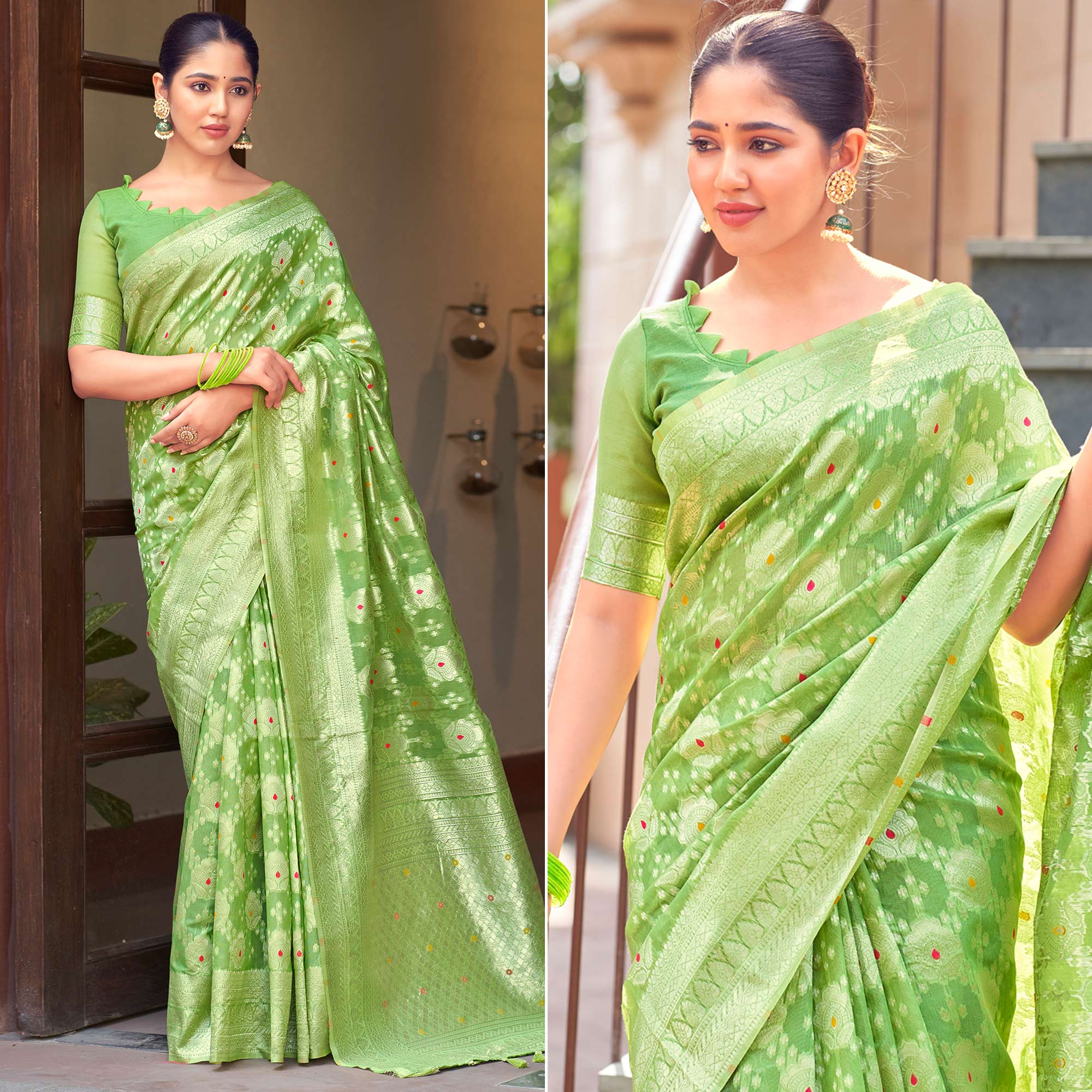 Green Woven Cotton Silk Saree With Tassels