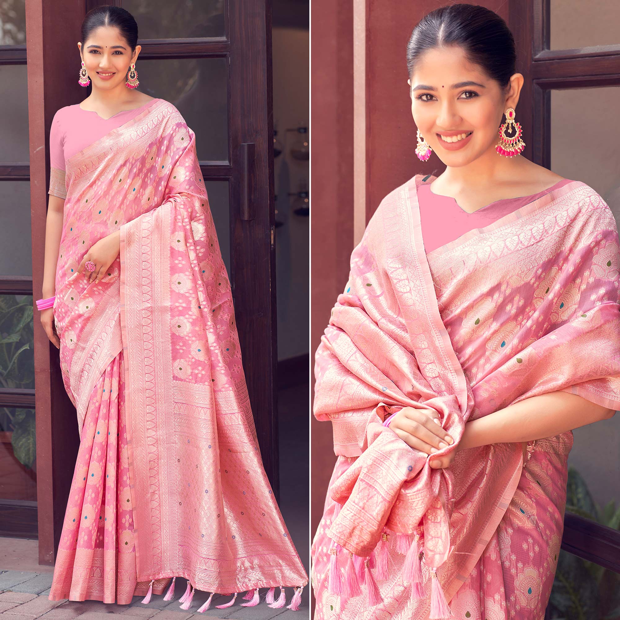 Pink Woven Cotton Silk Saree With Tassels