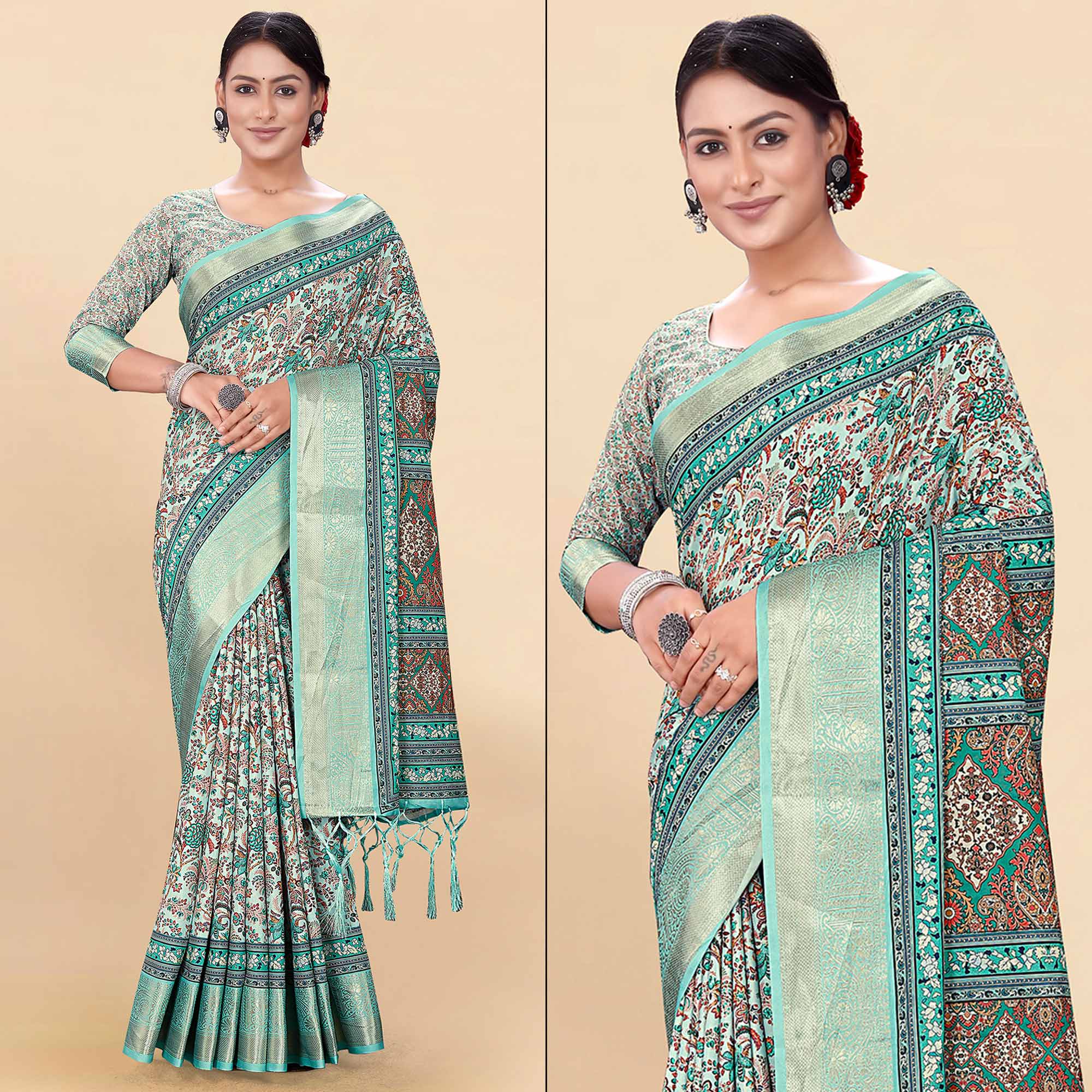 Blue Floral Digital Printed Pure Cotton Saree