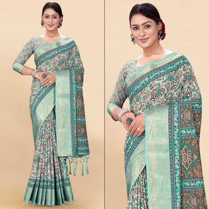 Blue Floral Digital Printed Pure Cotton Saree