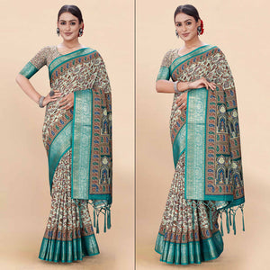 Blue Floral Digital Printed Pure Cotton Saree