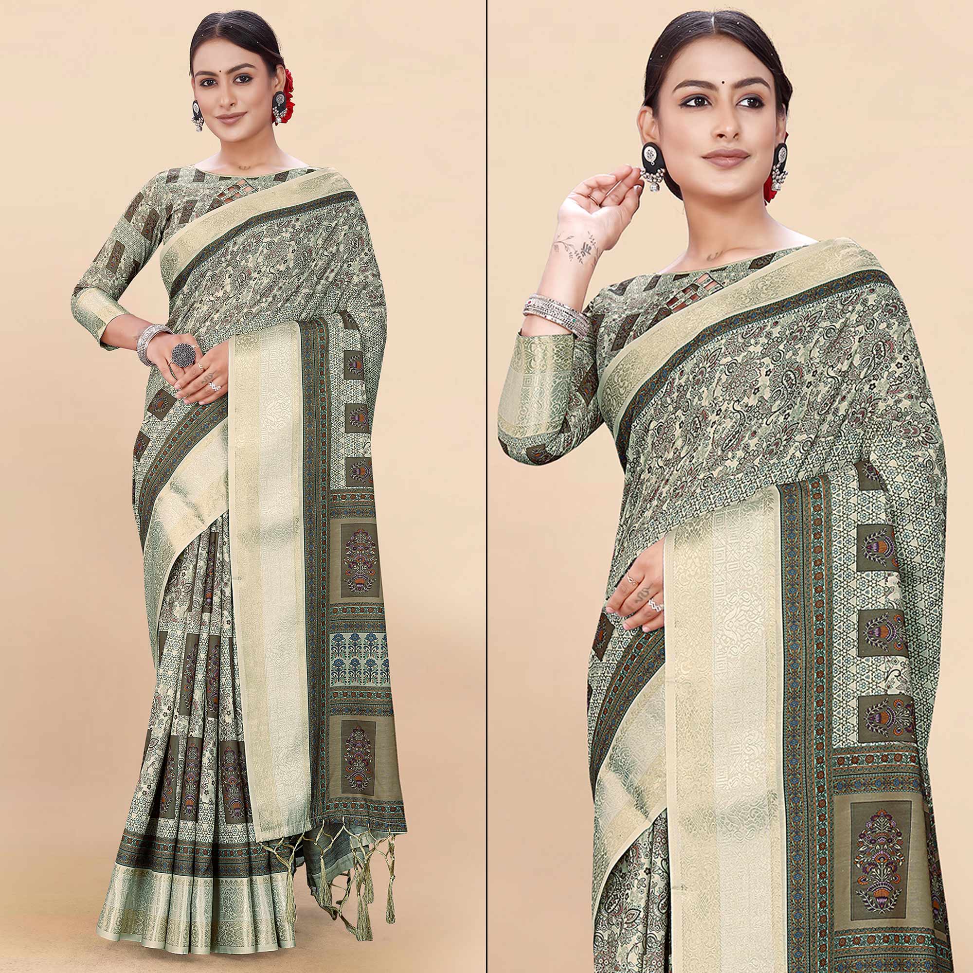 Light Green Floral Digital Printed Pure Cotton Saree