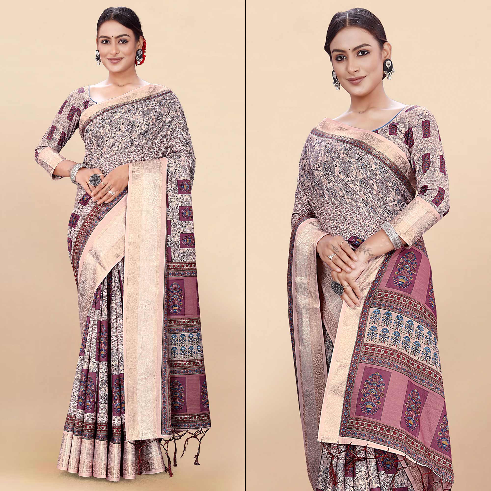 Light Pink Floral Digital Printed Pure Cotton Saree