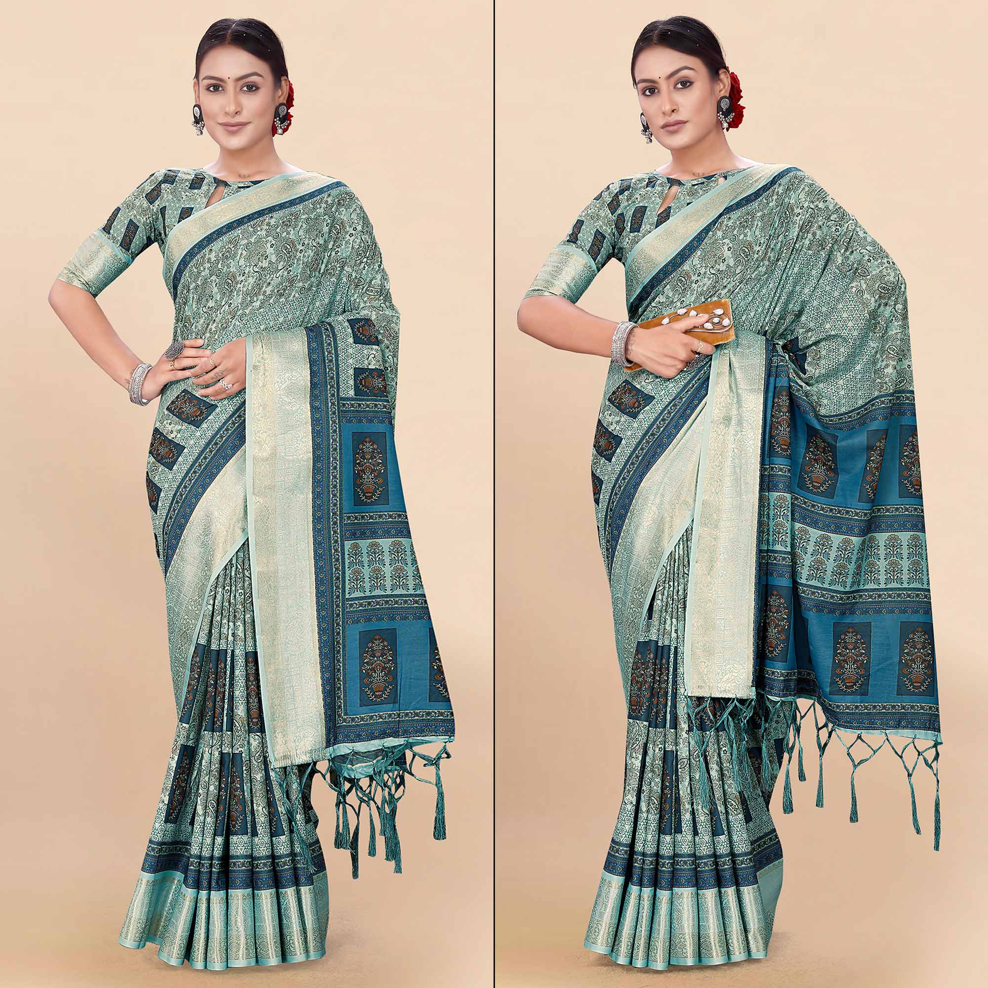 Light Pista Green Floral Digital Printed Pure Cotton Saree