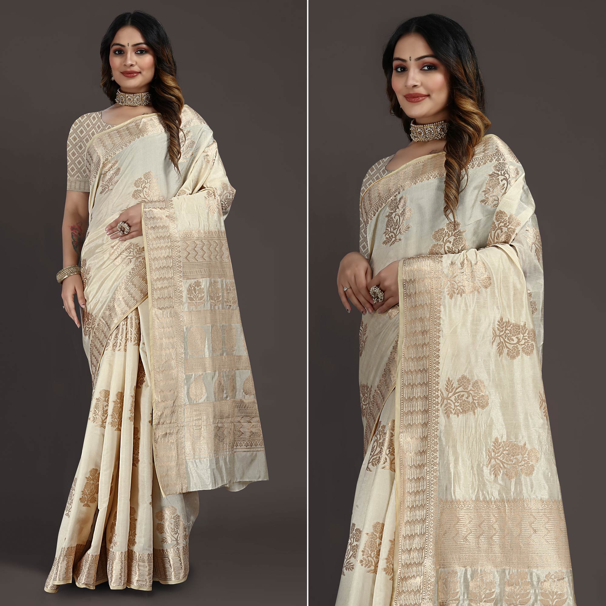 Cream Floral Woven Raw Silk Saree