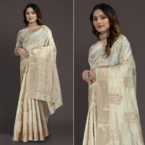 Cream Floral Woven Raw Silk Saree