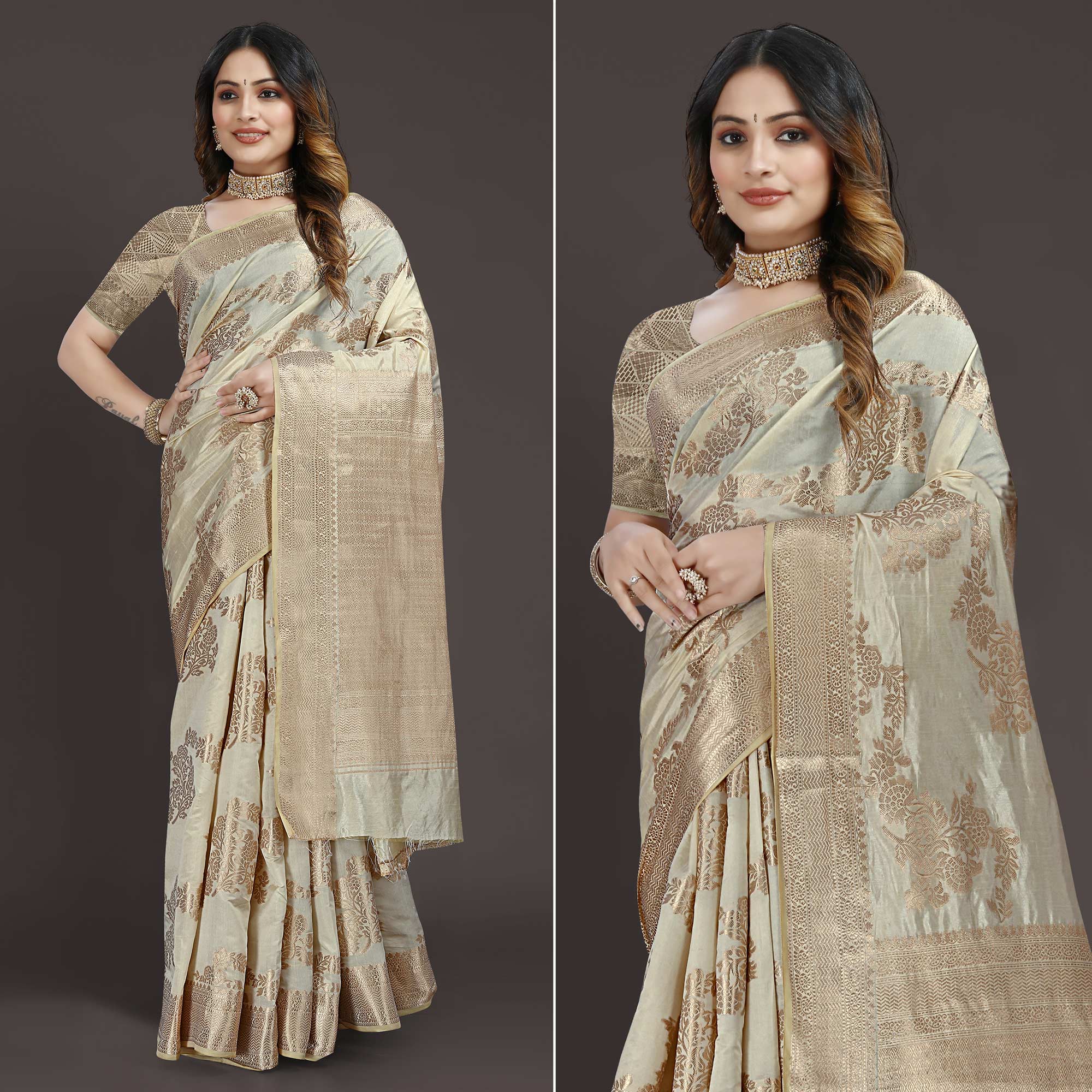 Cream Floral Woven Raw Silk Saree
