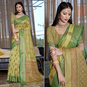 Green Floral Woven Cotton Blend Saree