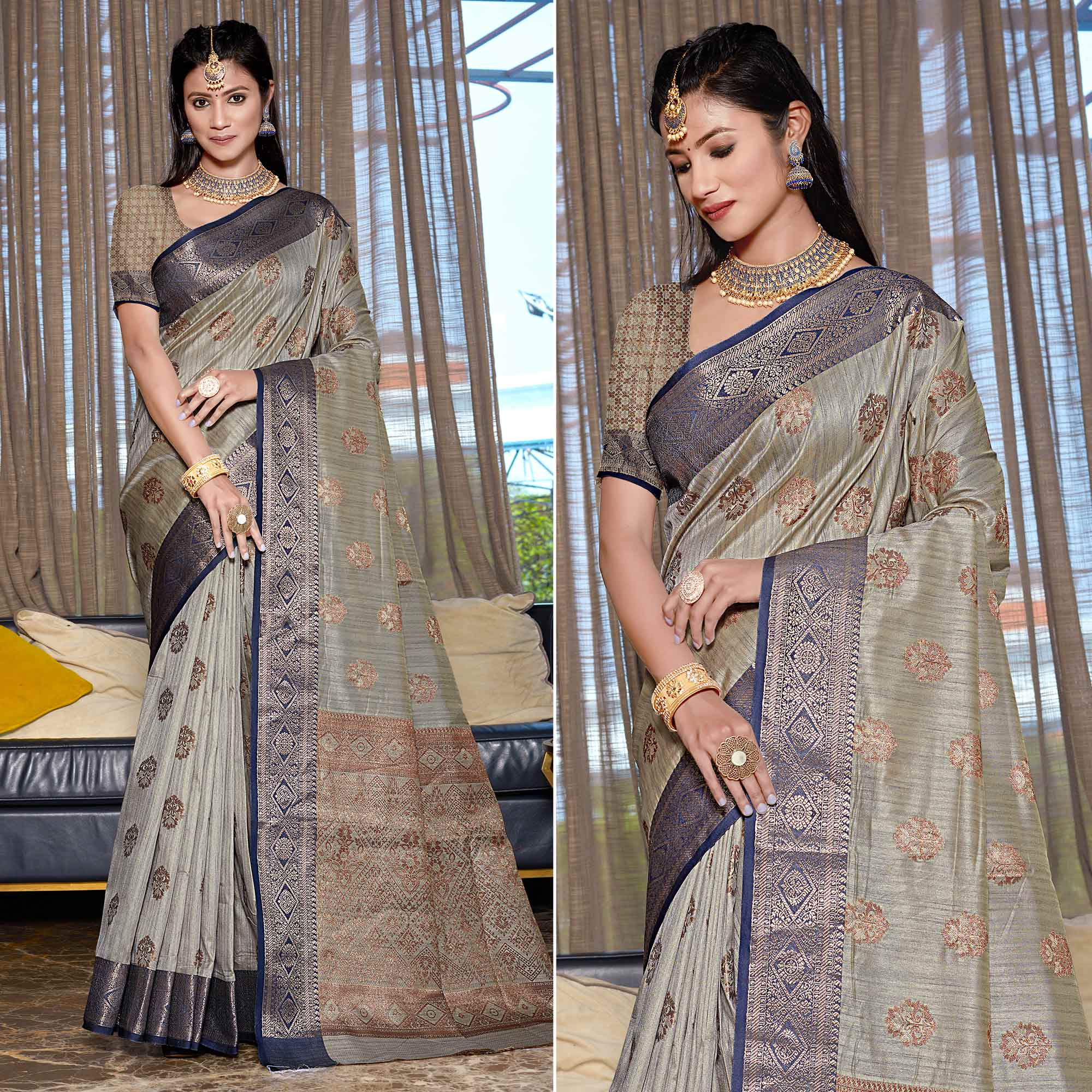 Grey Floral Woven Cotton Blend Saree